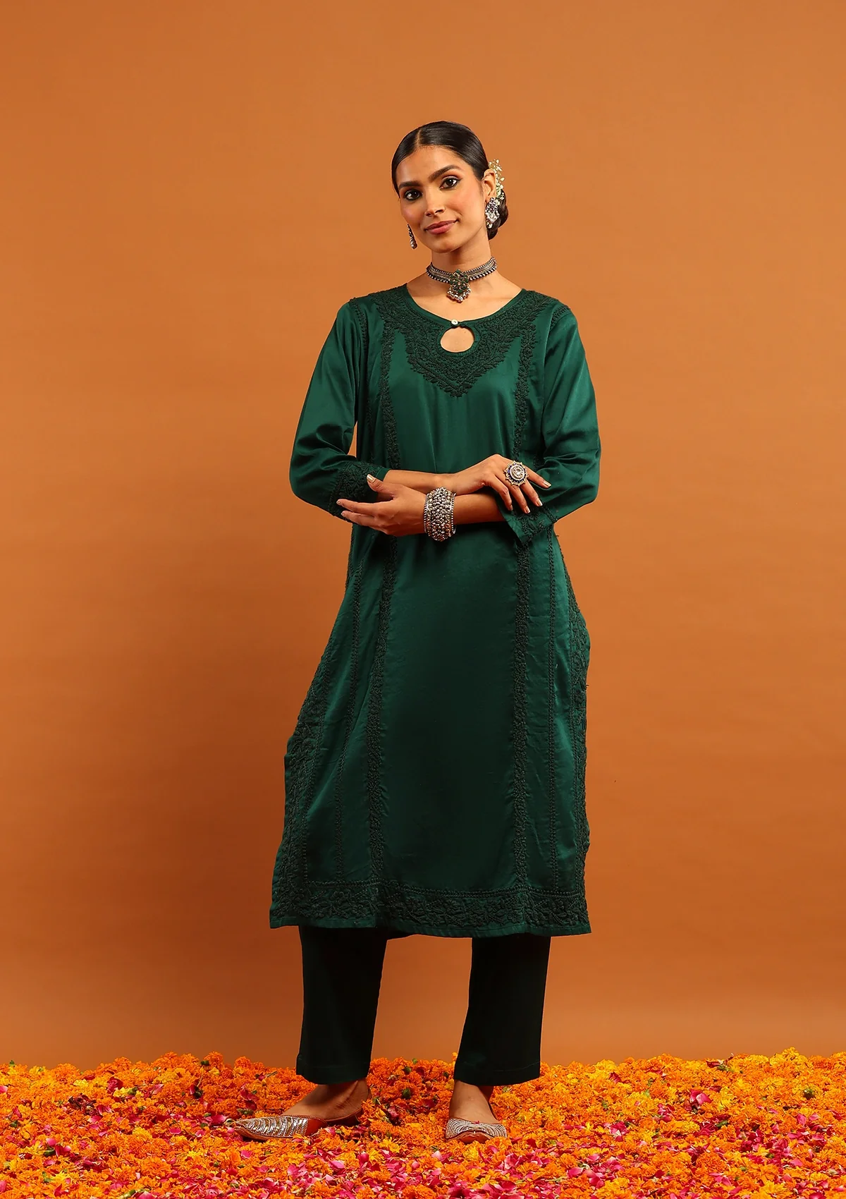 HOC Jaam Silk Chikankari Solid Women's 2 PC Long Kurta Set - Bottle Green - Healthber