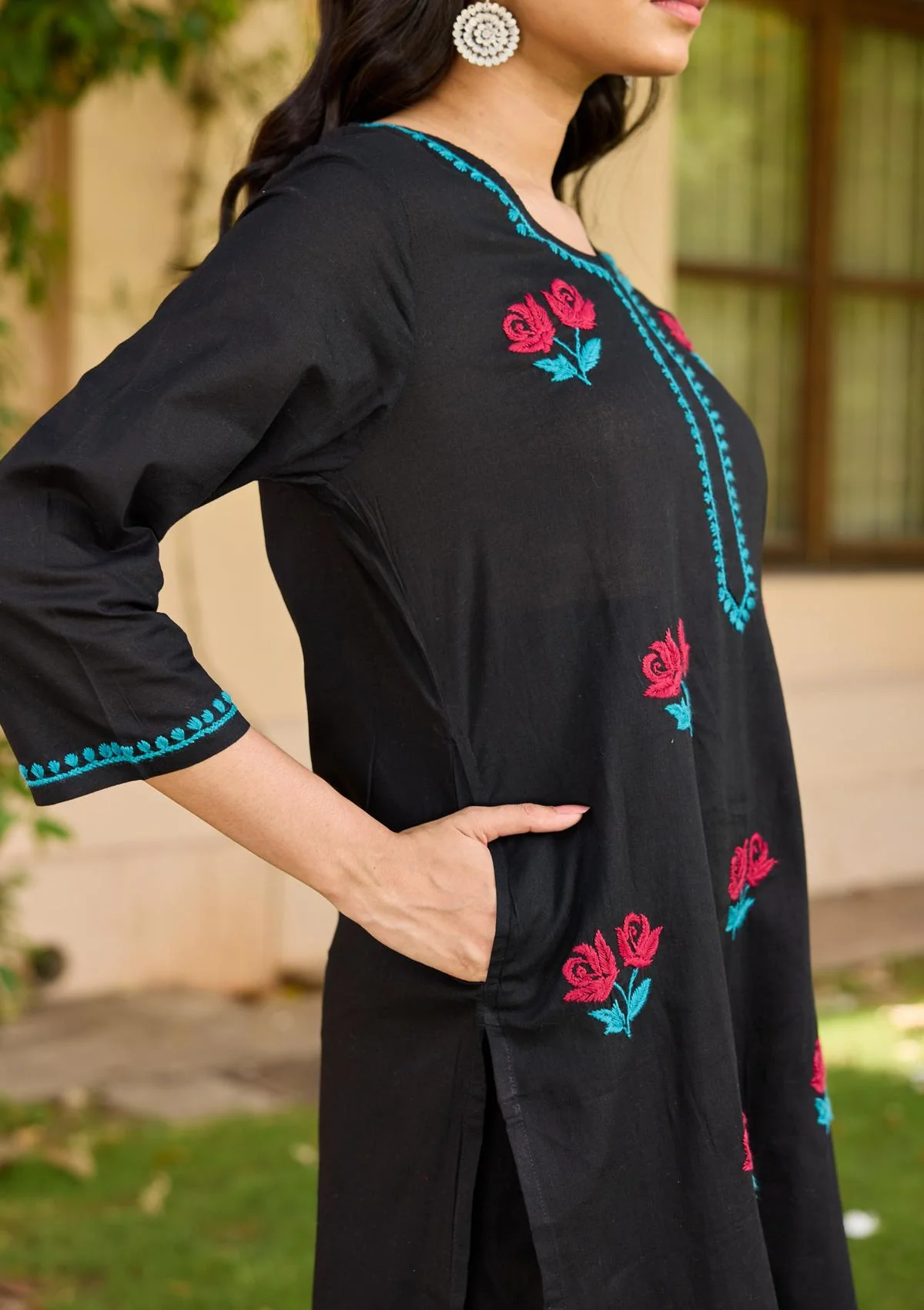 HOC Cotton Chikankari Solid Women's 2PC Long Kurta Set  - Black - Healthber