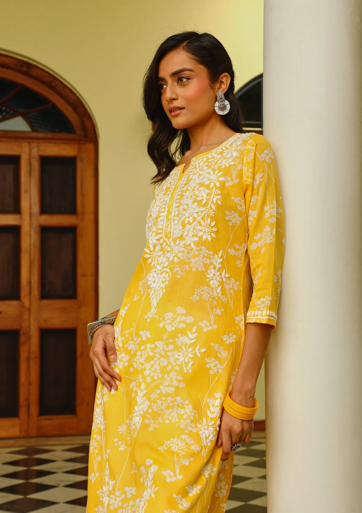 HOC Zainab Chikankari Mulmul Printed Straight Kurta -Yellow - Healthber