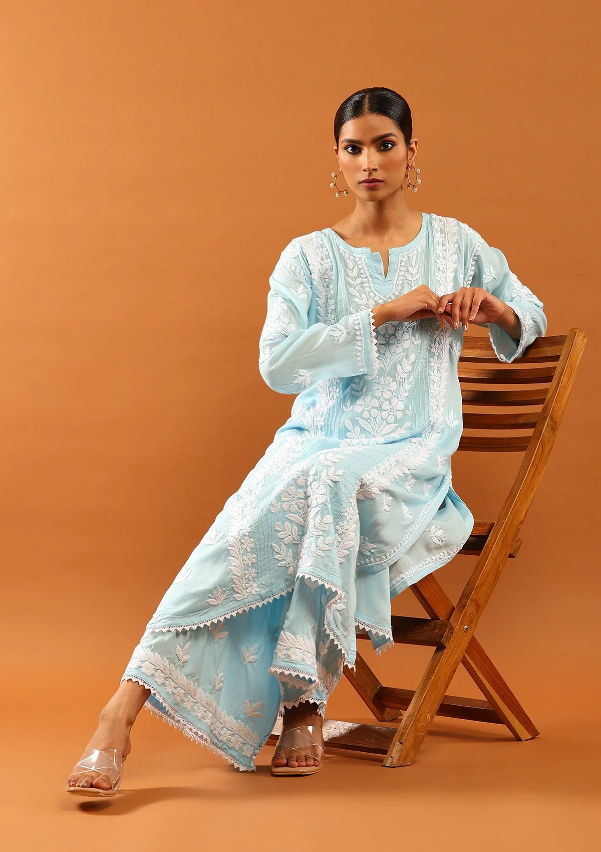 HOC Modal Chikankari Solid Women's 2 PC Long Kurta Set With Lace -Pastel Blue - Healthber