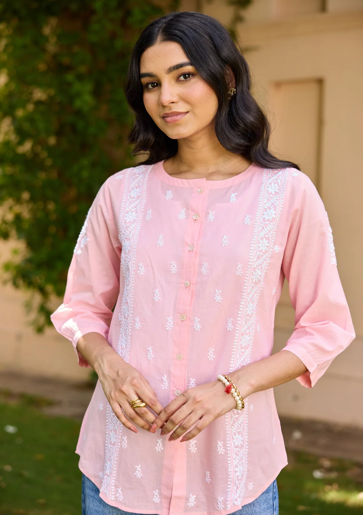 HOC Cotton Chikankari Solid Women's Shirt - Pink - Healthber