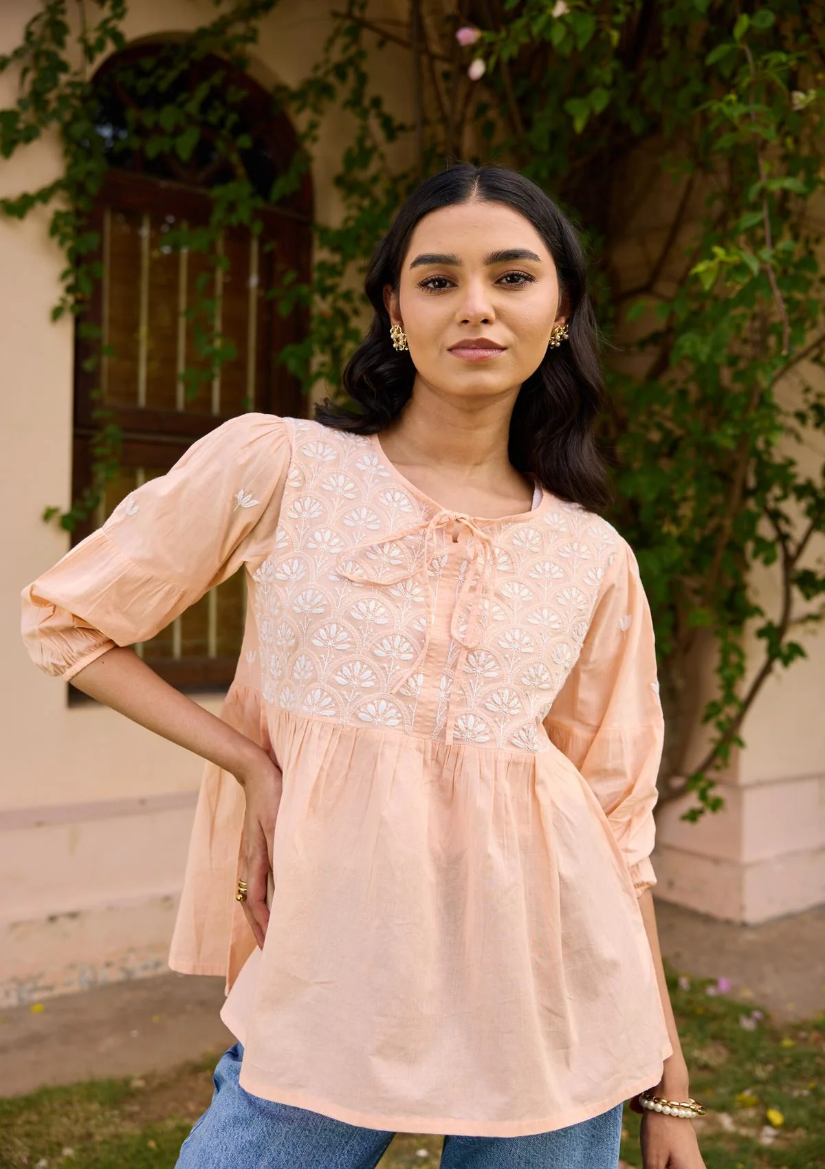 HOC Cotton Chikankari Solid Women's Top - Peach - Healthber