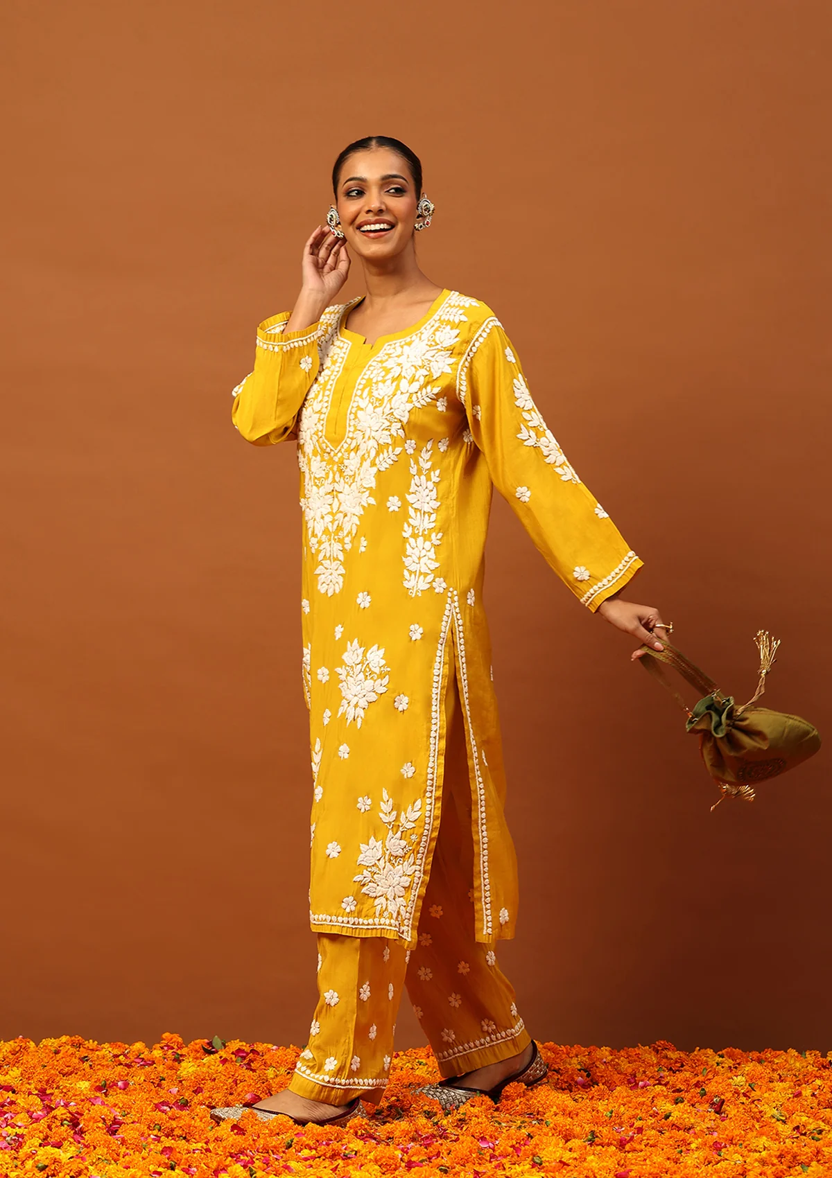 HOC Chanderi Chikankari Solid Women's 2 PC Long Kurta Set -Mustard - Healthber