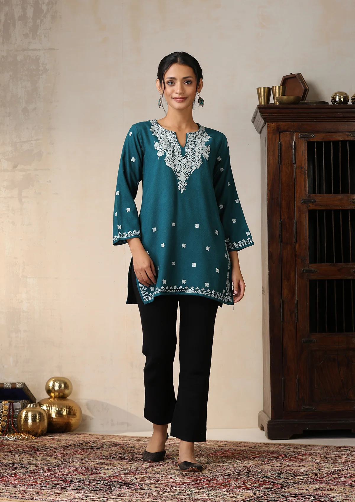 HOC Aari Embroidered Woollen Solid Women's Short Kurta - Teal - Healthber