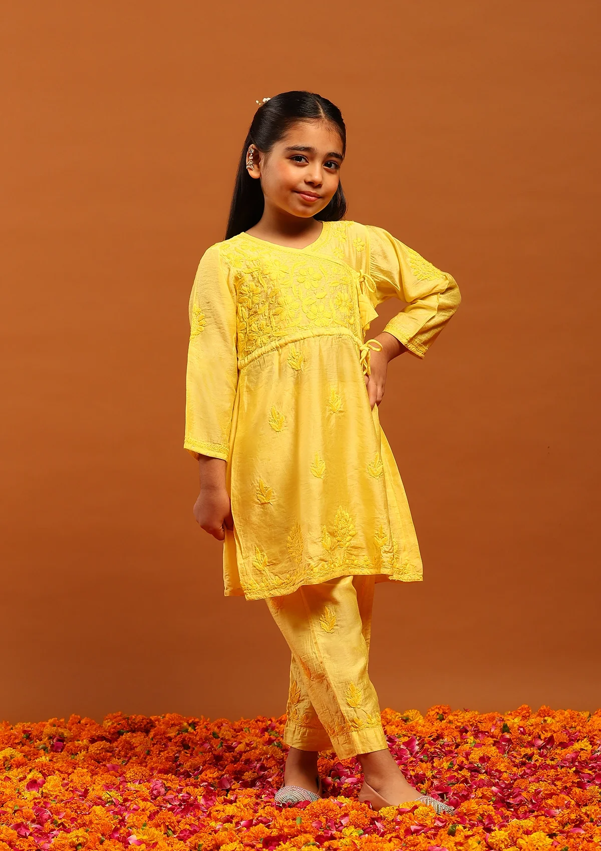 HOC Chanderi Chikankari Solid Girl's 2 PC Kurta Set Angrakha-Yellow - Healthber