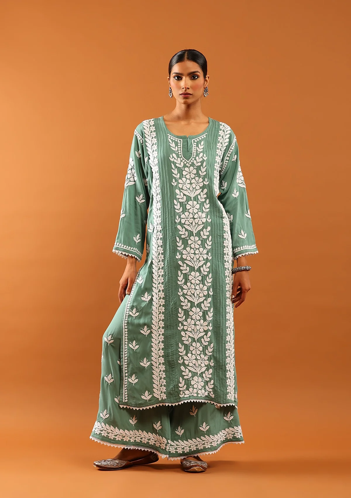 Modal Chikankari Solid Women's 2 PC Long Kurta Set with Lace -Green - Healthber
