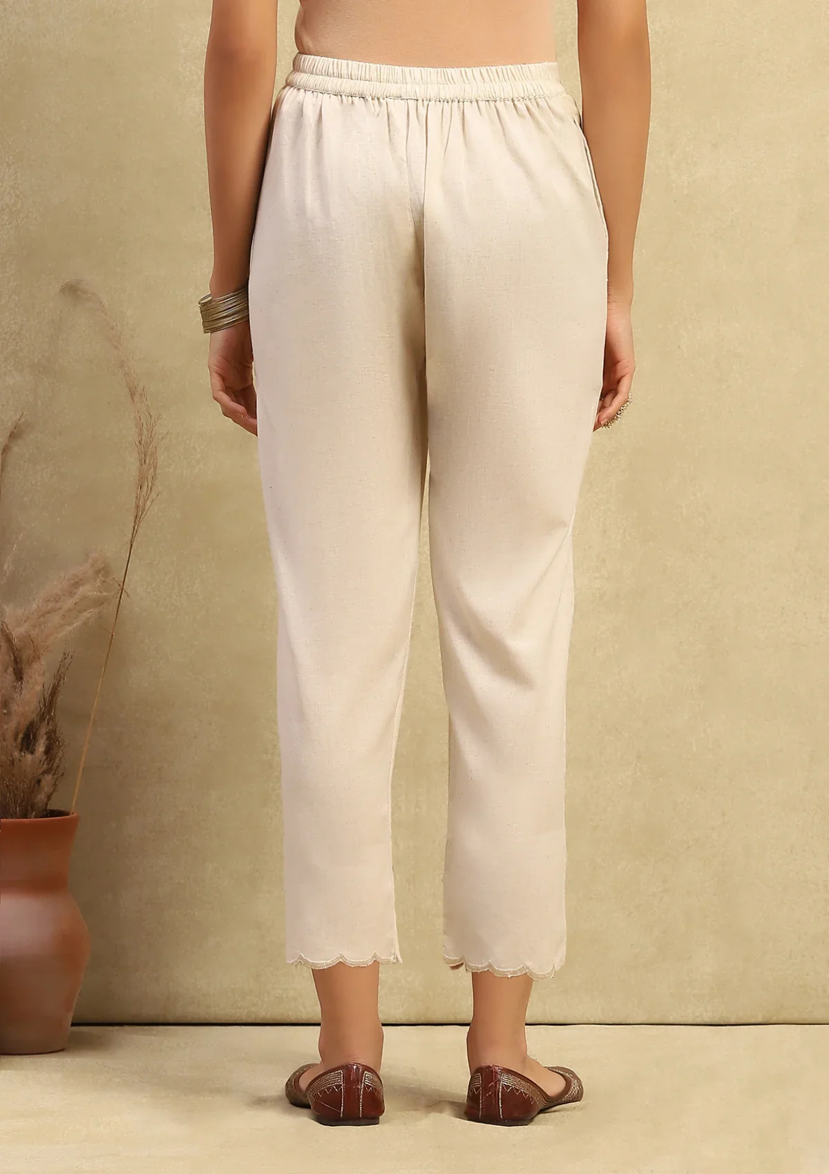 HOC Cotton Linen Blend Women's Solid Scalloped Pants - Beige - Healthber