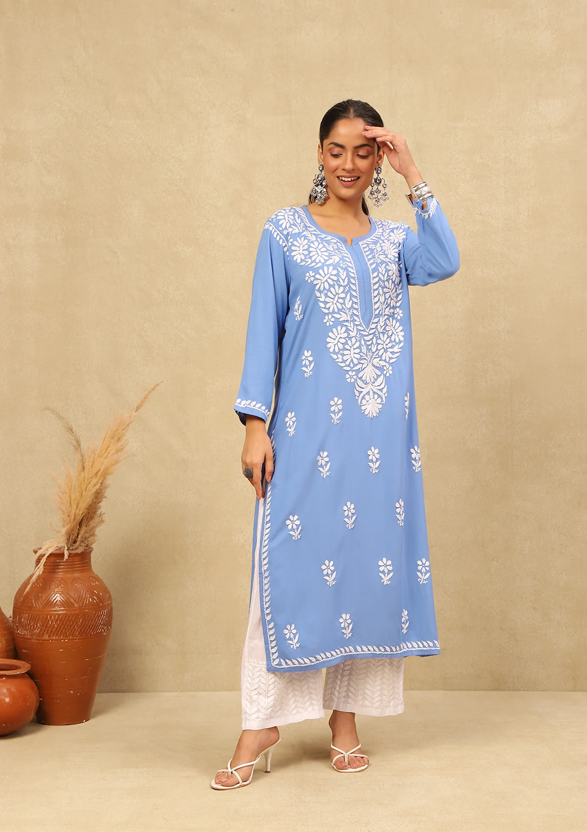 HOC Rayon Chikankari Solid Women's Long Kurta -Blue - Healthber
