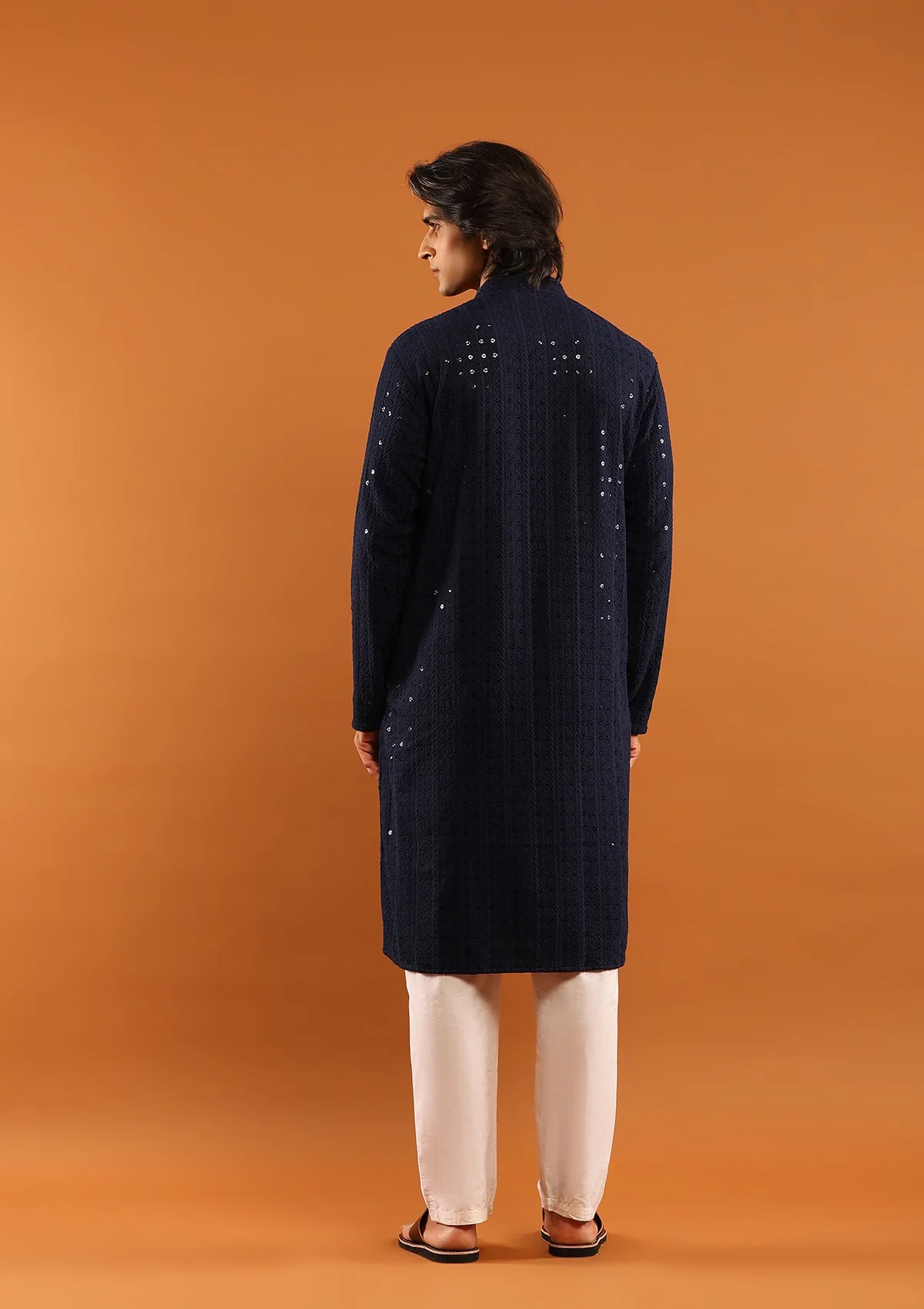 HOC Rayon Embroidered With Sequins Solid Men's Long Kurta- Navy Blue - Healthber