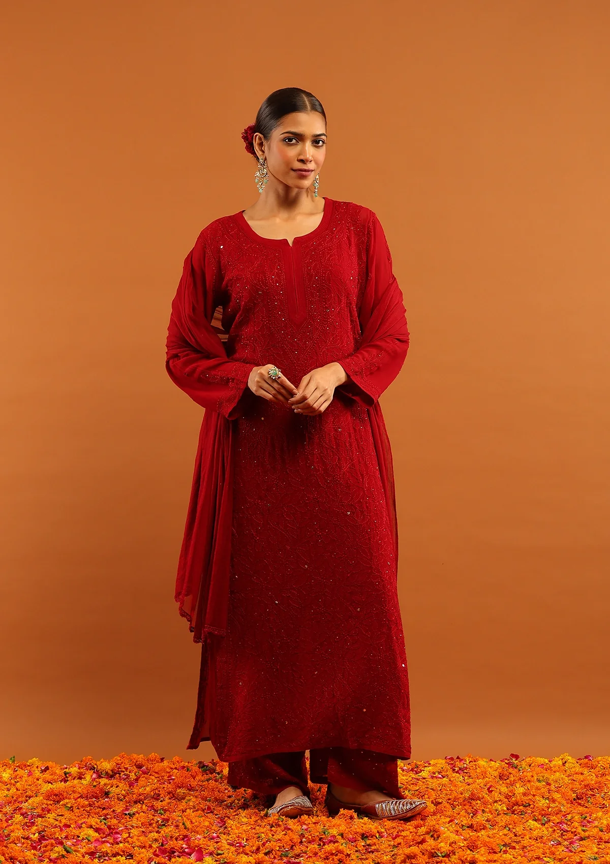 HOC Viscose Georgette Chikankari Mukaish & Kamdani Solid Women's 4 PC Long Kurta Set-Maroon - Healthber
