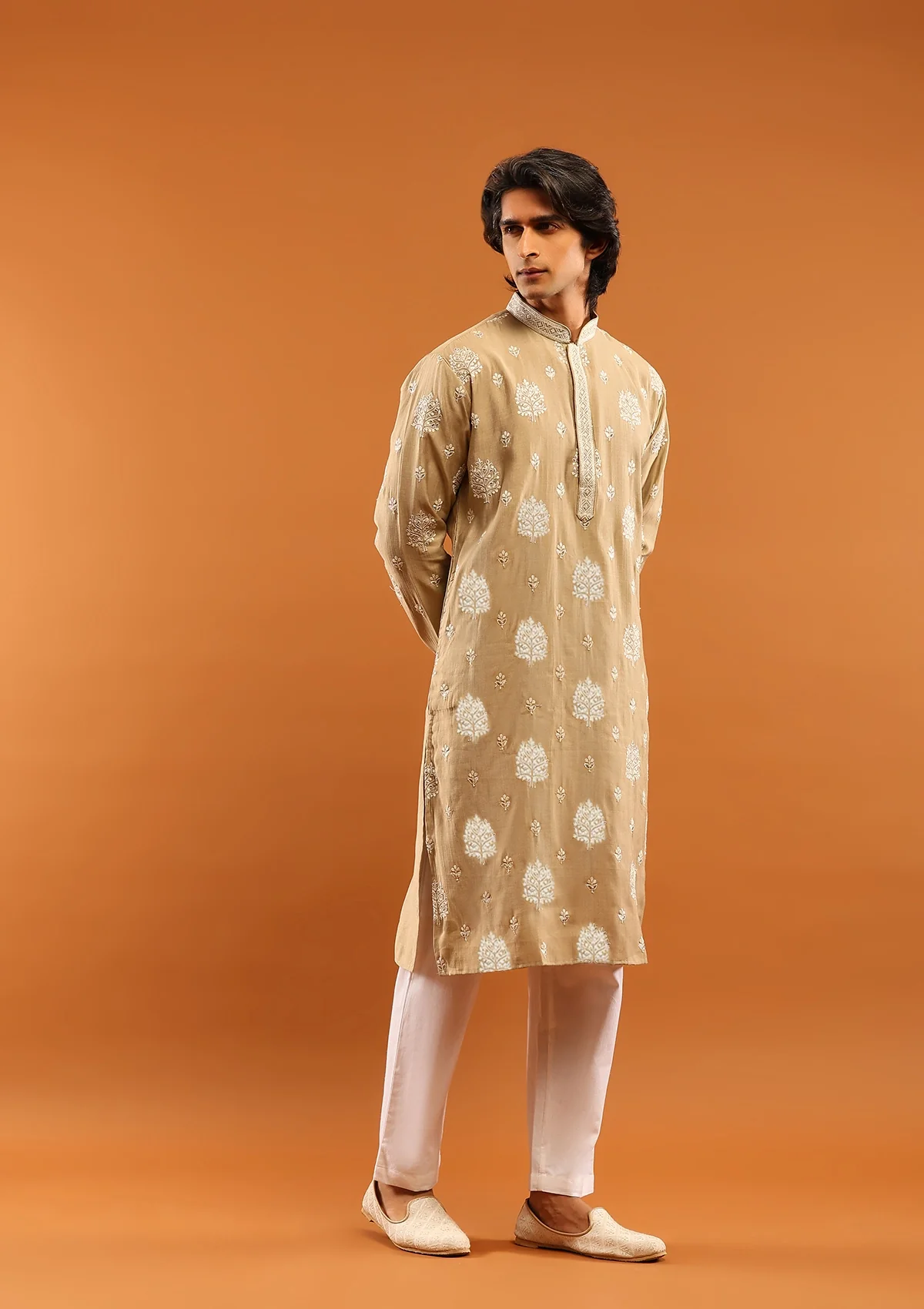 HOC Poly Silk Zari Embroidered Solid Men's Long Kurta- Beige - Healthber