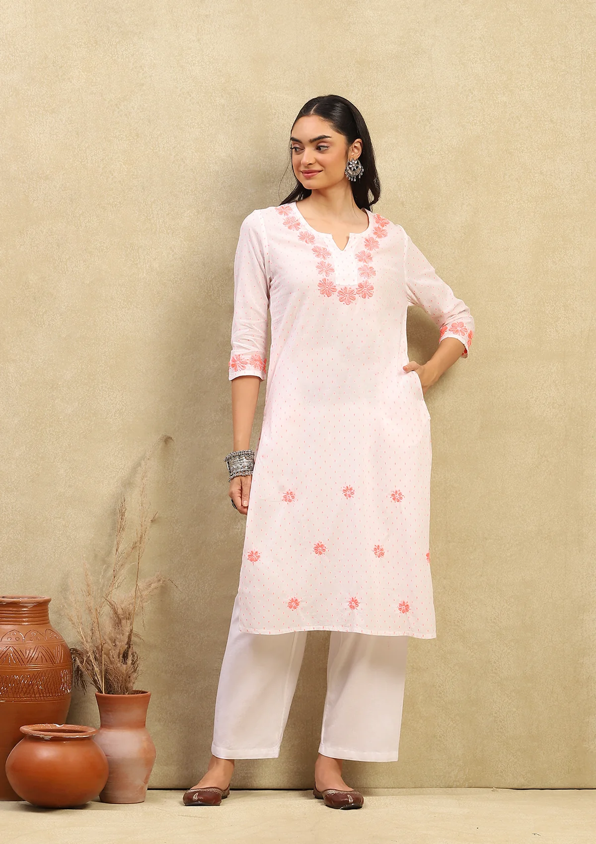 HOC Cotton Dobby Chikankari Solid Women's Long Kurta - Off White - Healthber