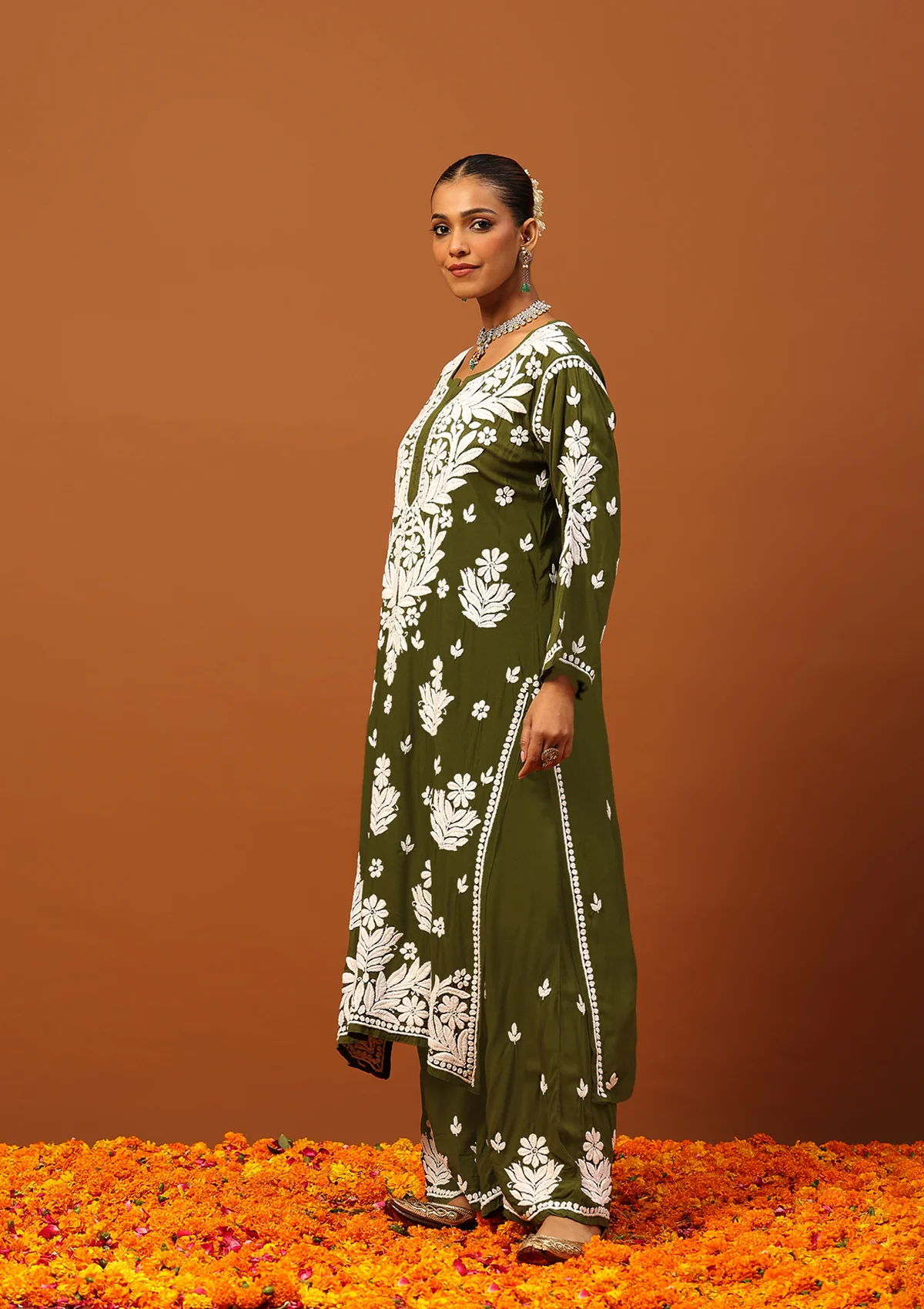 HOC Modal Chikankari Solid Women's 2 PC Long Kurta Set -Olive Green - Healthber