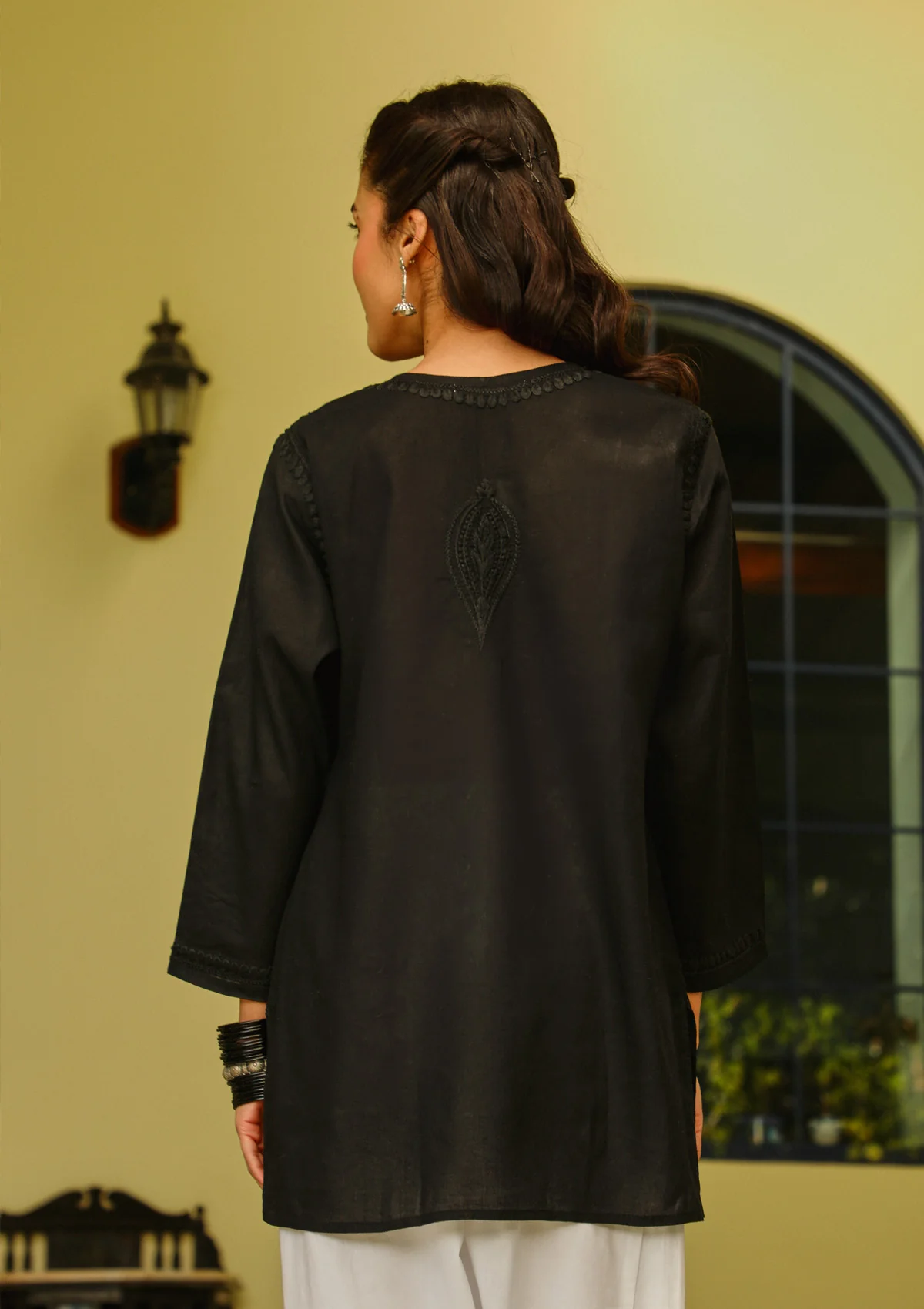 HOC Cotton Chikankari Solid Women's Short Kurta - Black - Healthber