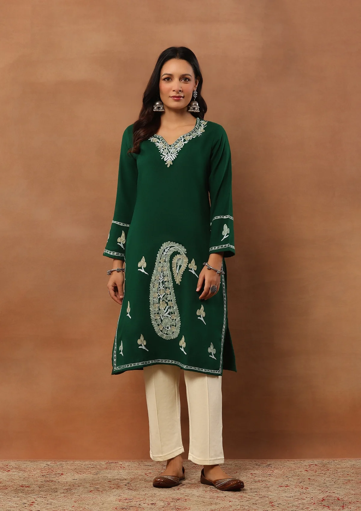 HOC Aari Embroidered Woollen Solid Women's Long Kurta - Green - Healthber