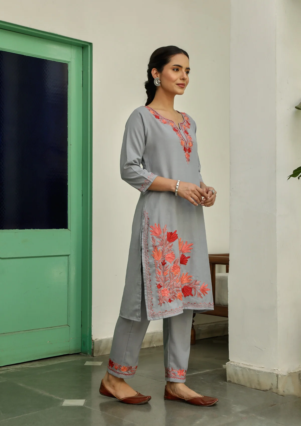 HOC Crafts Aari Embroidered Cotton Solid Women's 2PC Long Kurta Set - Grey - Healthber