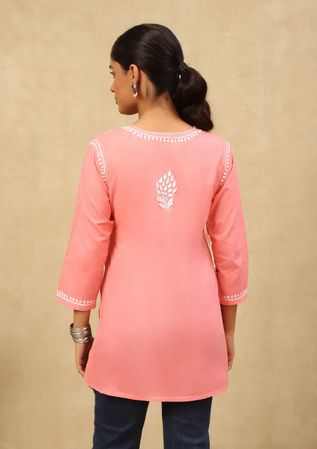 HOC Cotton Chikankari Solid Women's Short Kurta - Peach - Healthber