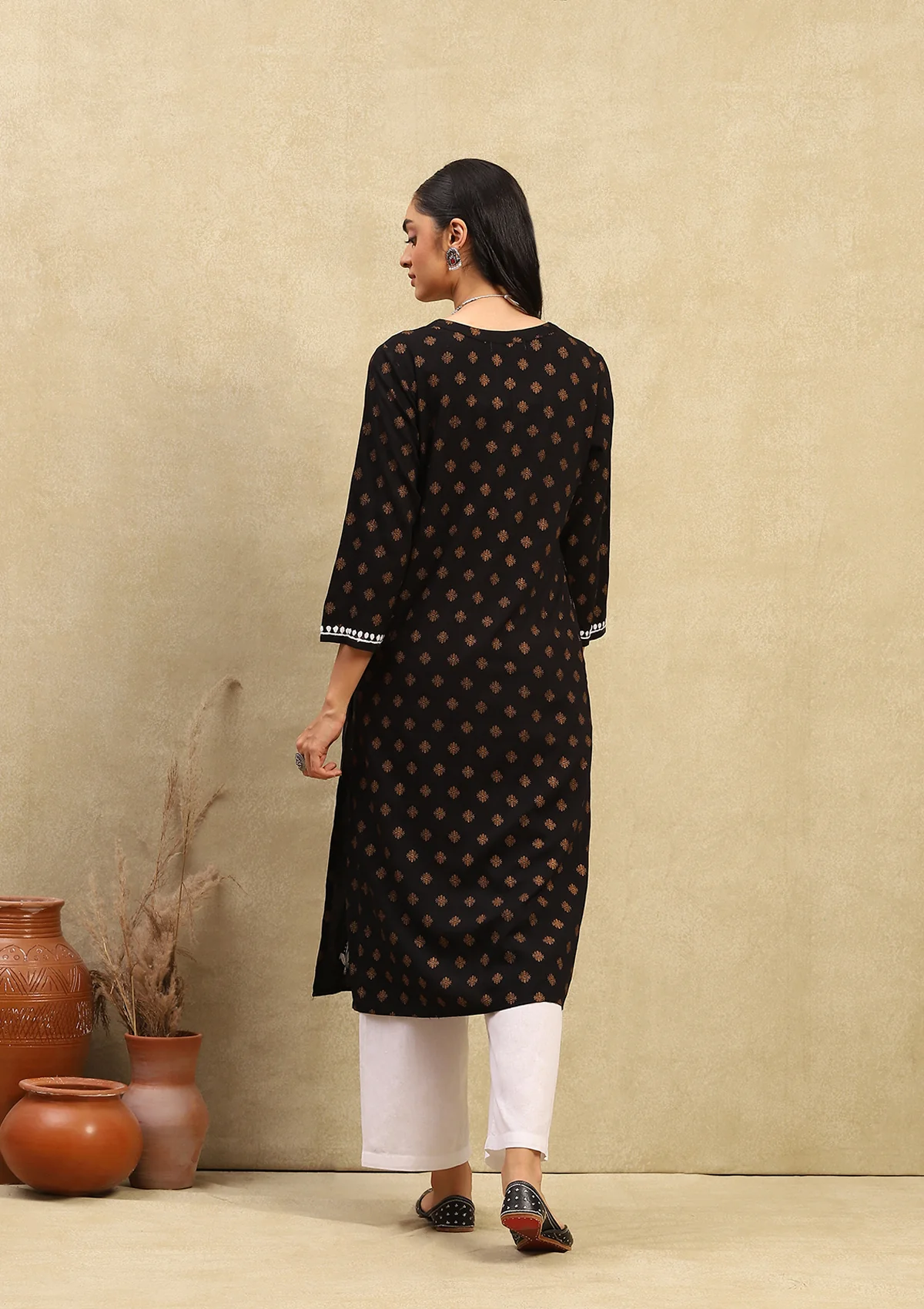 HOC Rayon Chikankari Printed Women's Long Kurta - Black - Healthber