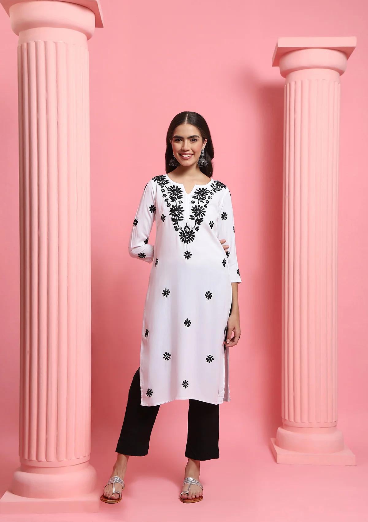 Rayon Chikankari Solid Women's Long Kurta - White - Healthber