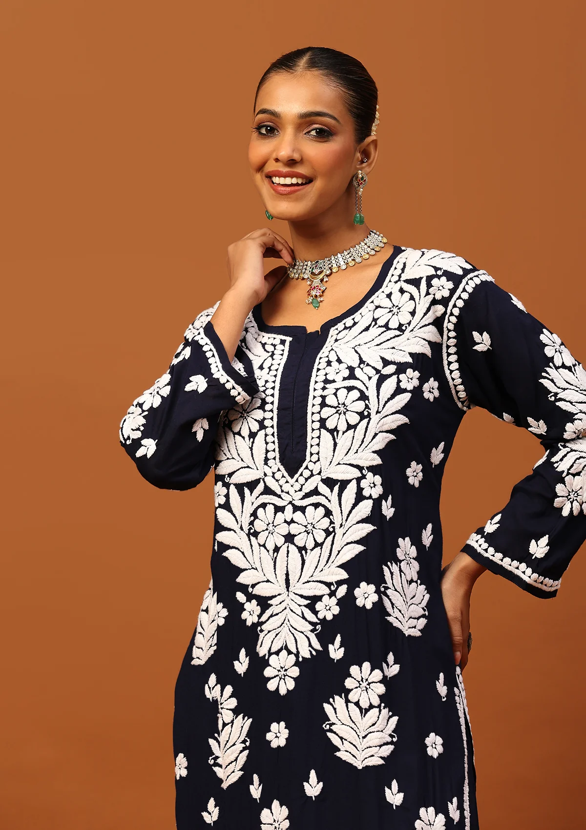 HOC Modal Chikankari Solid Women's 2 PC Long Kurta Set -Black - Healthber