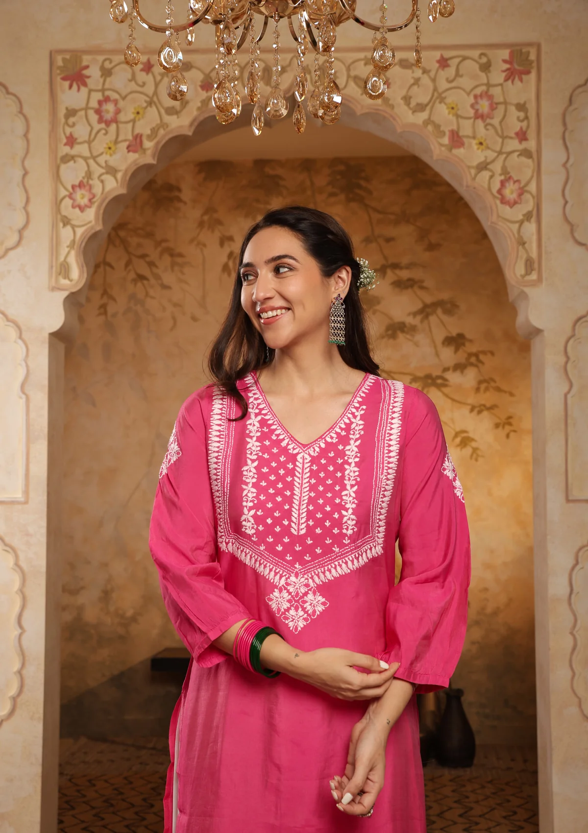 HOC Chanderi Chikankari Solid Women's Long Kurta - Pink - Healthber