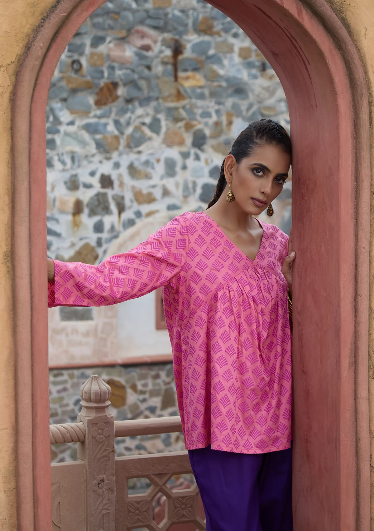 HOC Glazed Cotton Hand Block Printed Women's Short Kurta - Pink - Healthber