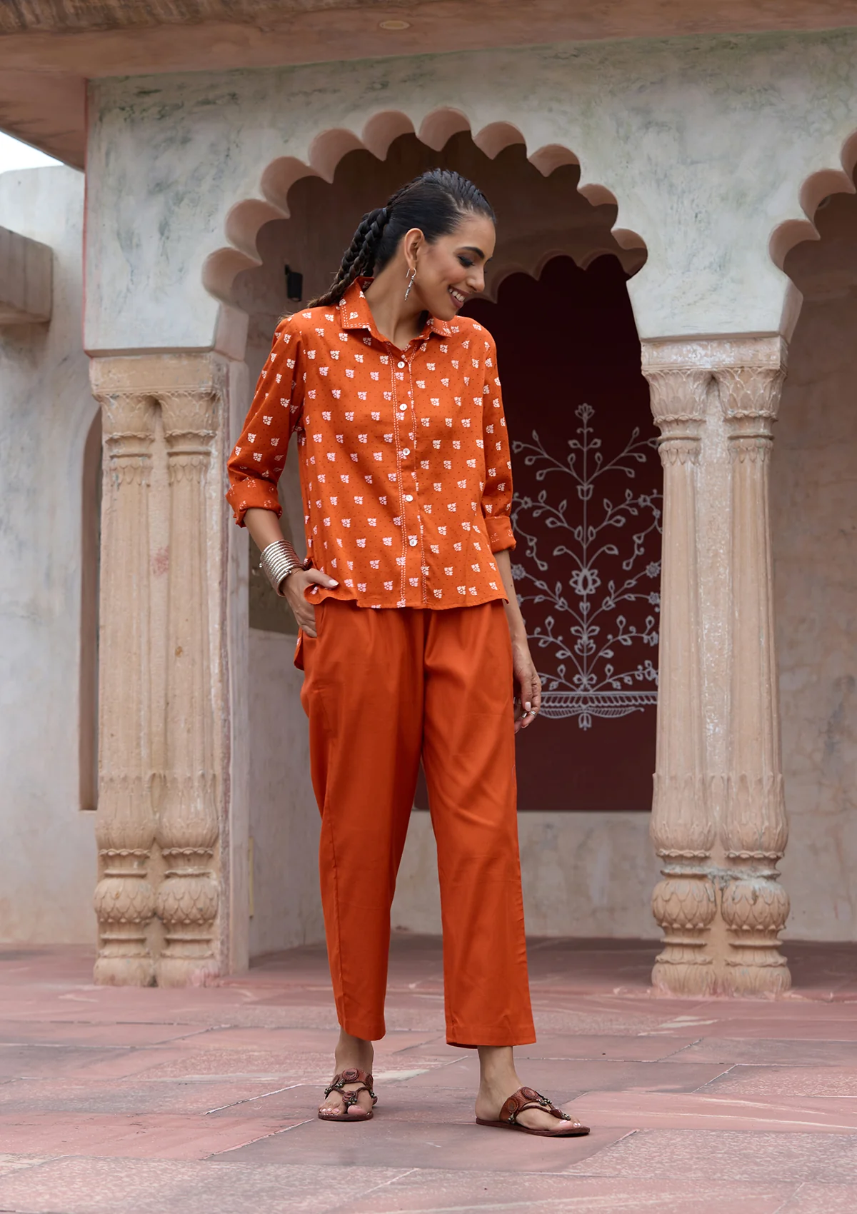 HOC Glazed Cotton Hand Block Printed with Hand Embroidery Women's 2 PC Co-ord Set - Orange - Healthber
