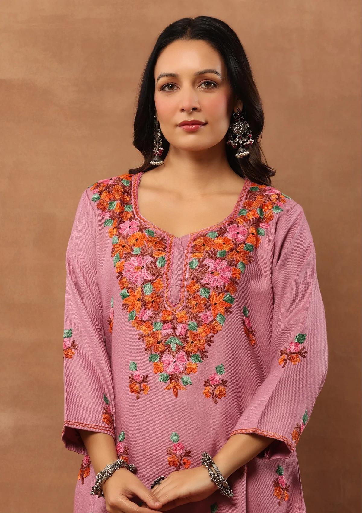 HOC Woollen Aari Embroidered Solid Women's 2 PC Long Kurta Set - Lavender - Healthber