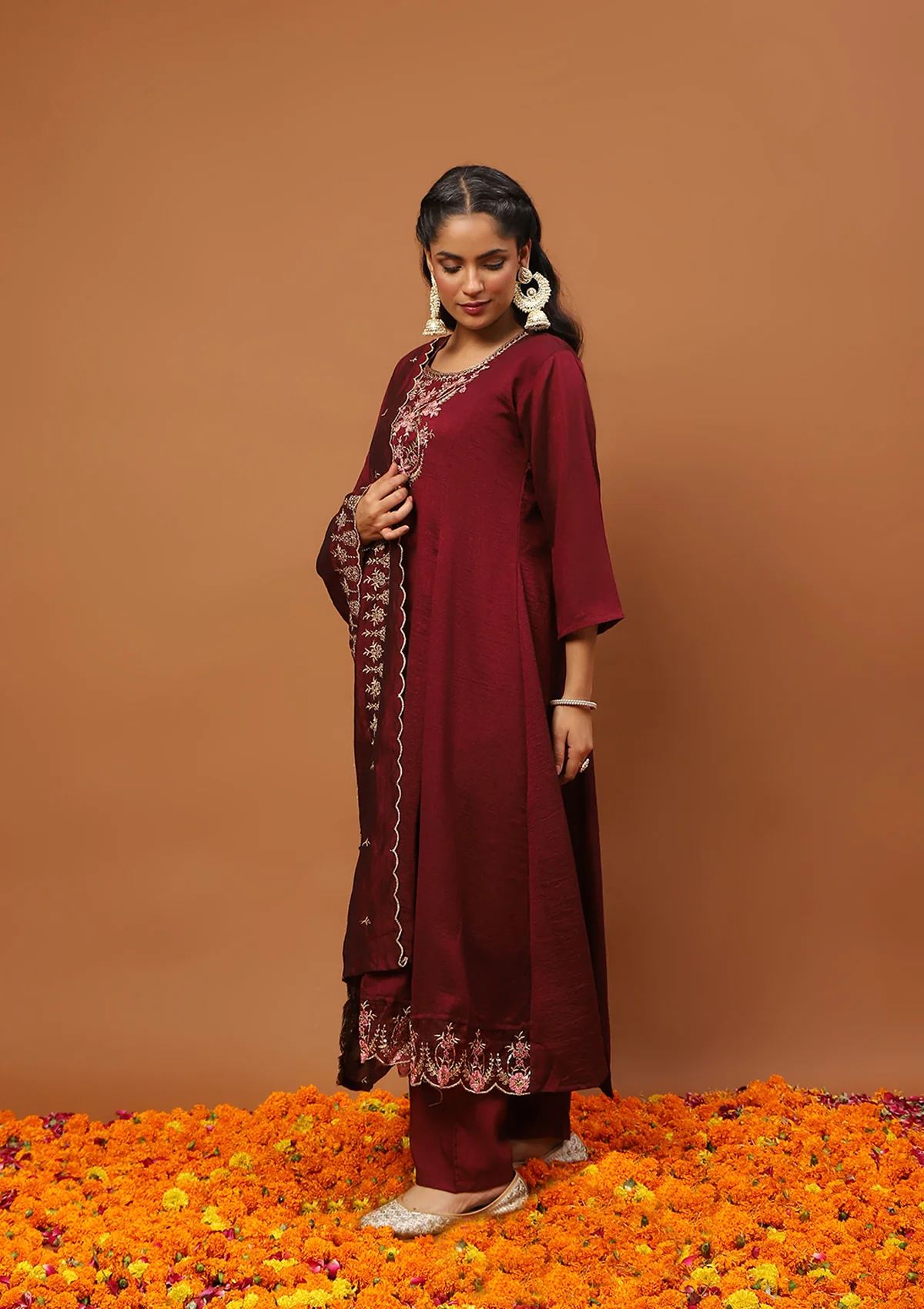 HOC Silk Blend Zari Embroidered With Sequins Solid Women's 3 PC Anarkali Kurta Set-Maroon - Healthber