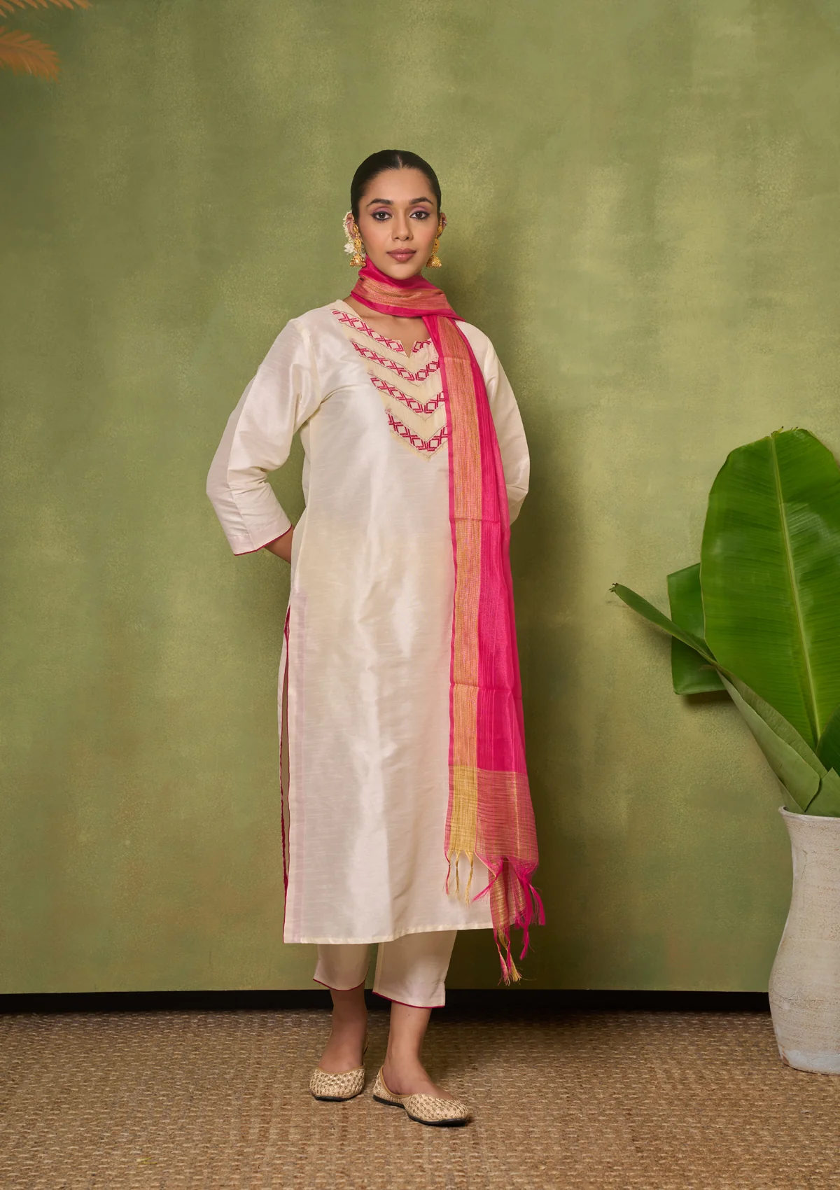 HOC Silk Blend Solid Women's 3 PC Long Kurta Set - Cream - Healthber