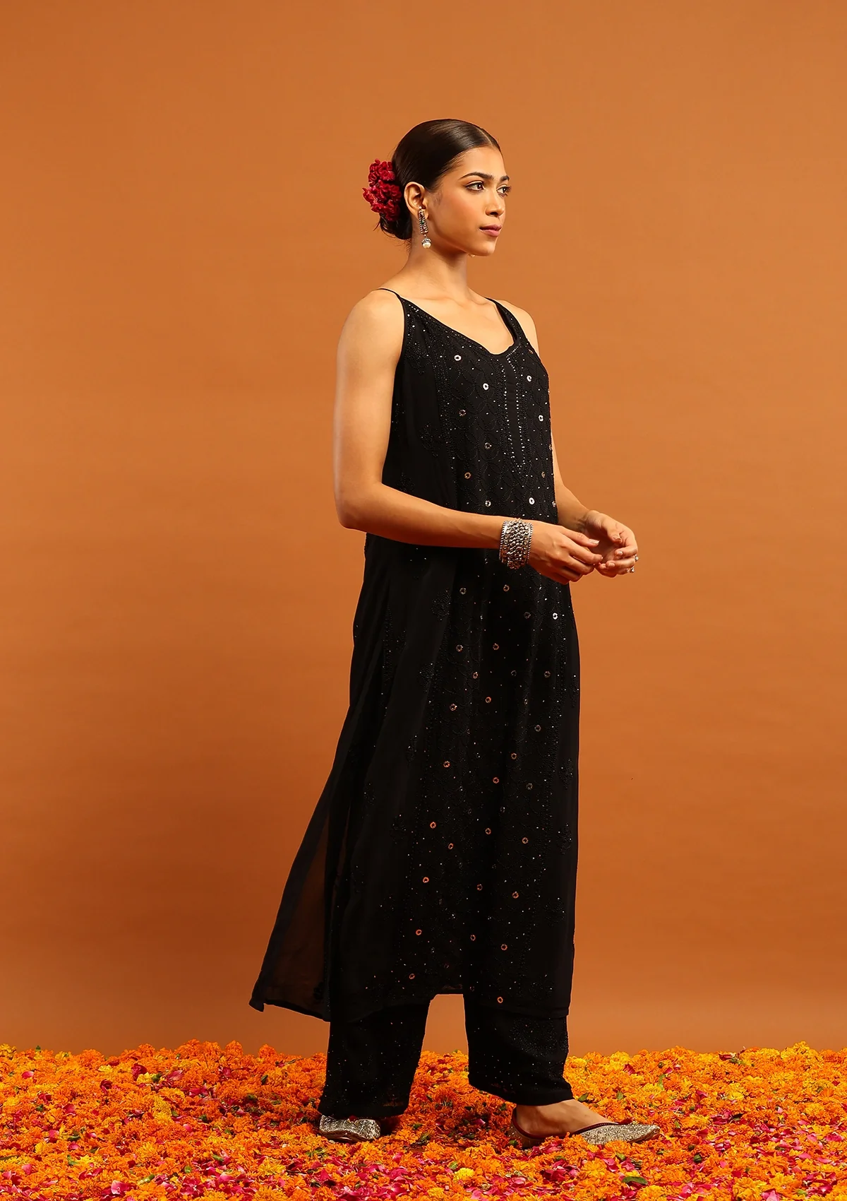 HOC Viscose Georgette Chikankari Mukaish & Kamdani Solid Women's 3 PC Long Kurta Set-Black - Healthber