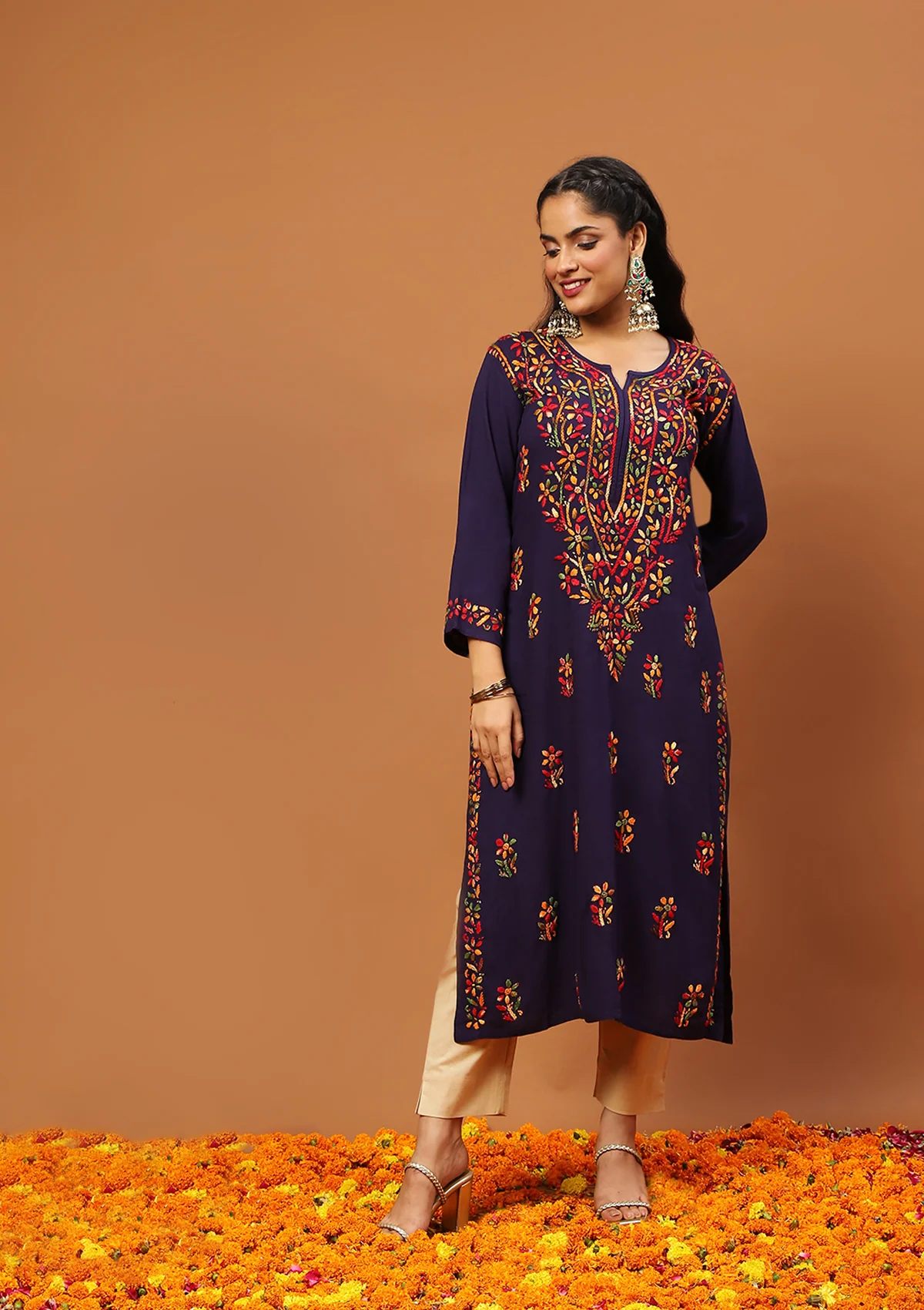 HOC Rayon Chikankari Solid Women's Long Kurta -Dark Blue - Healthber