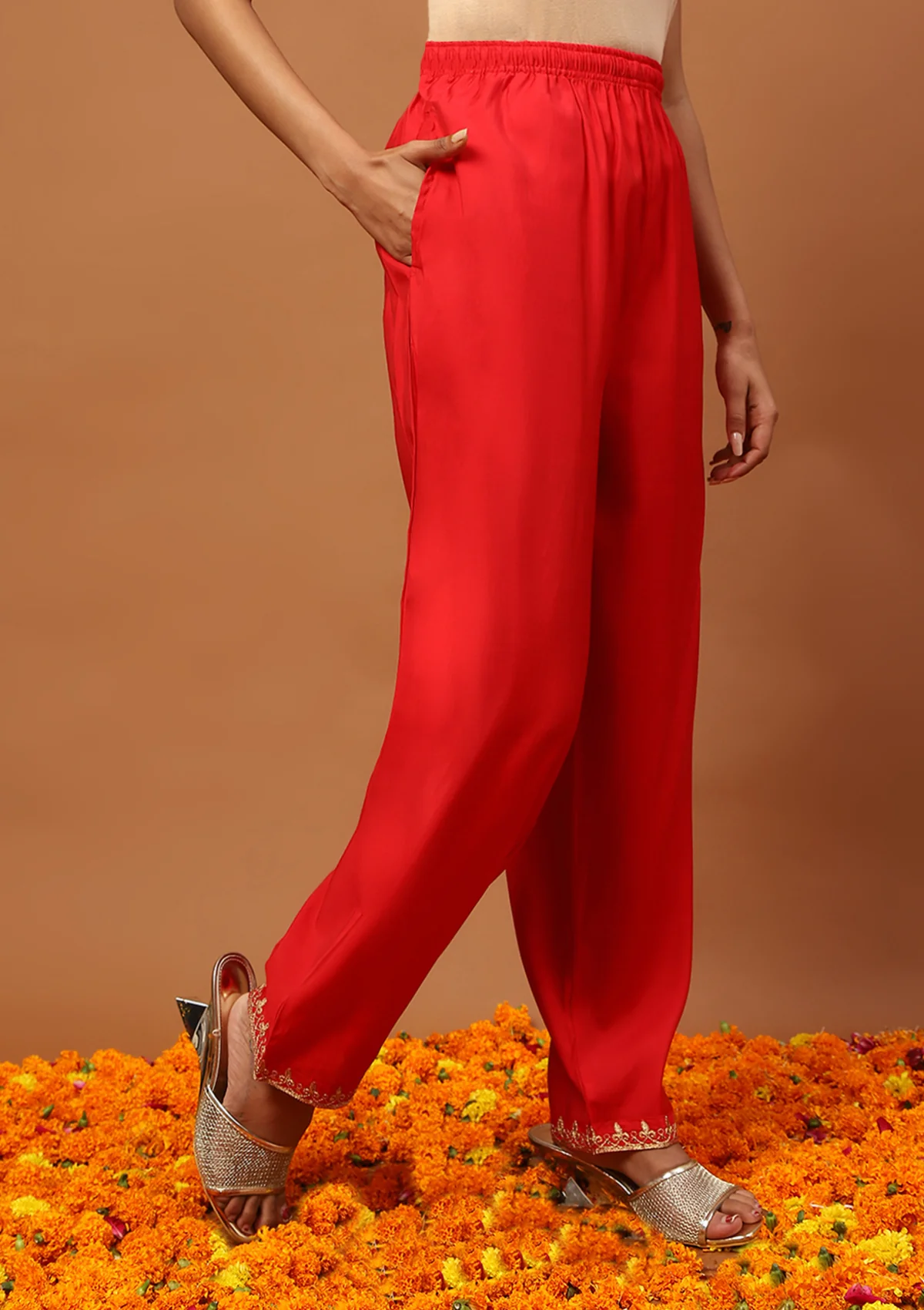 HOC Chanderi Blend Embroidered Zardozi Solid Women's 3 PC Long Kurta Set-Red - Healthber