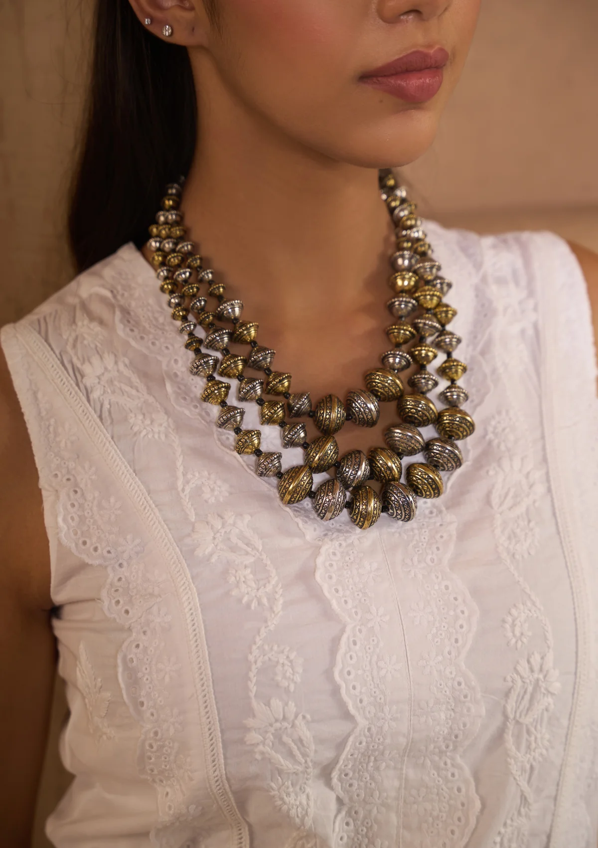 HOC Handcrafted Three Layer Dual Tone Beaded Necklace - Healthber