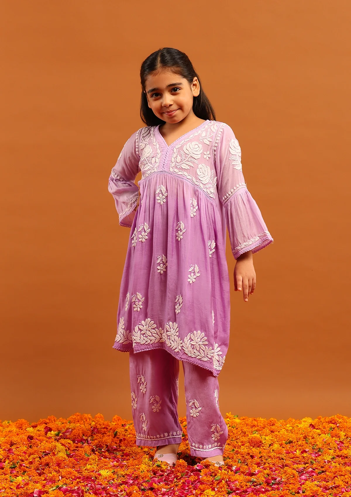 HOC Muslin Chikankari Ombre Girl's 2 PC A-Line Kurta Set-Lavender - Healthber