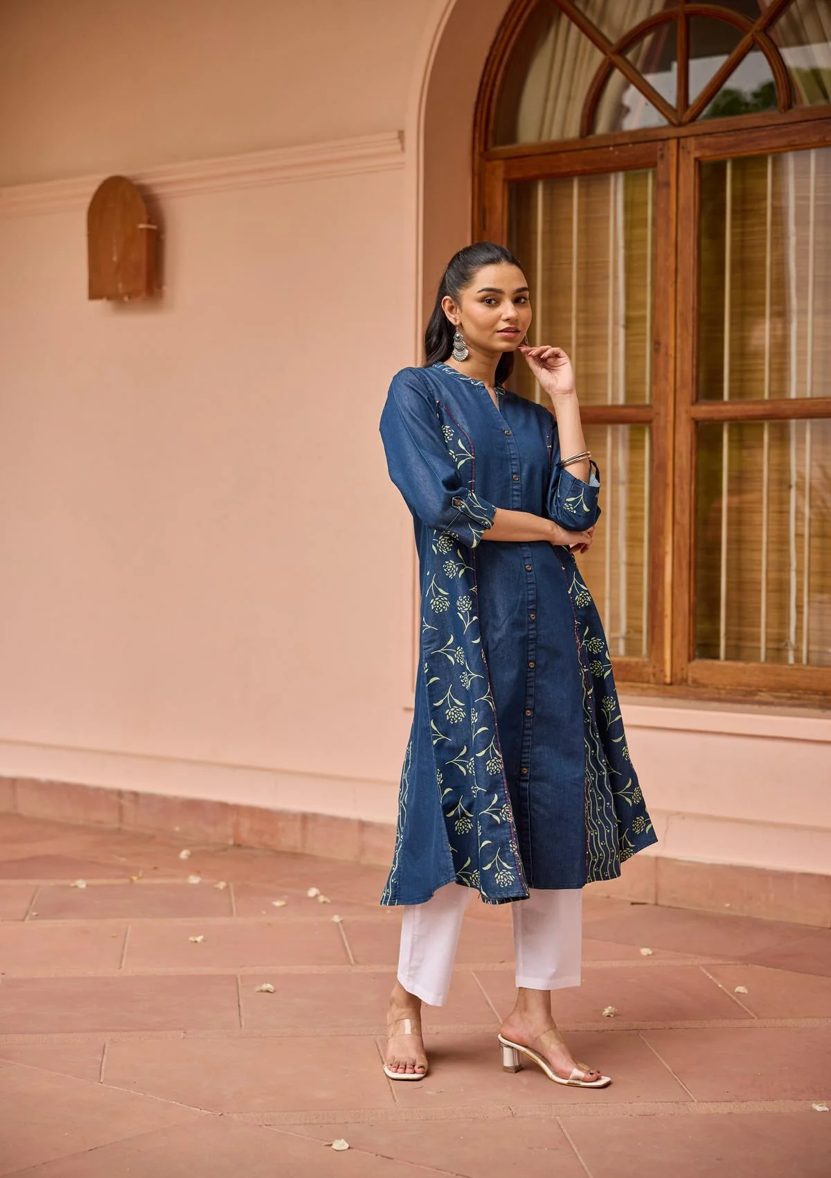 HOC Kantha Hand Embellished Denim Printed Women's A-Line Kurta-Green Wash Blue - Healthber