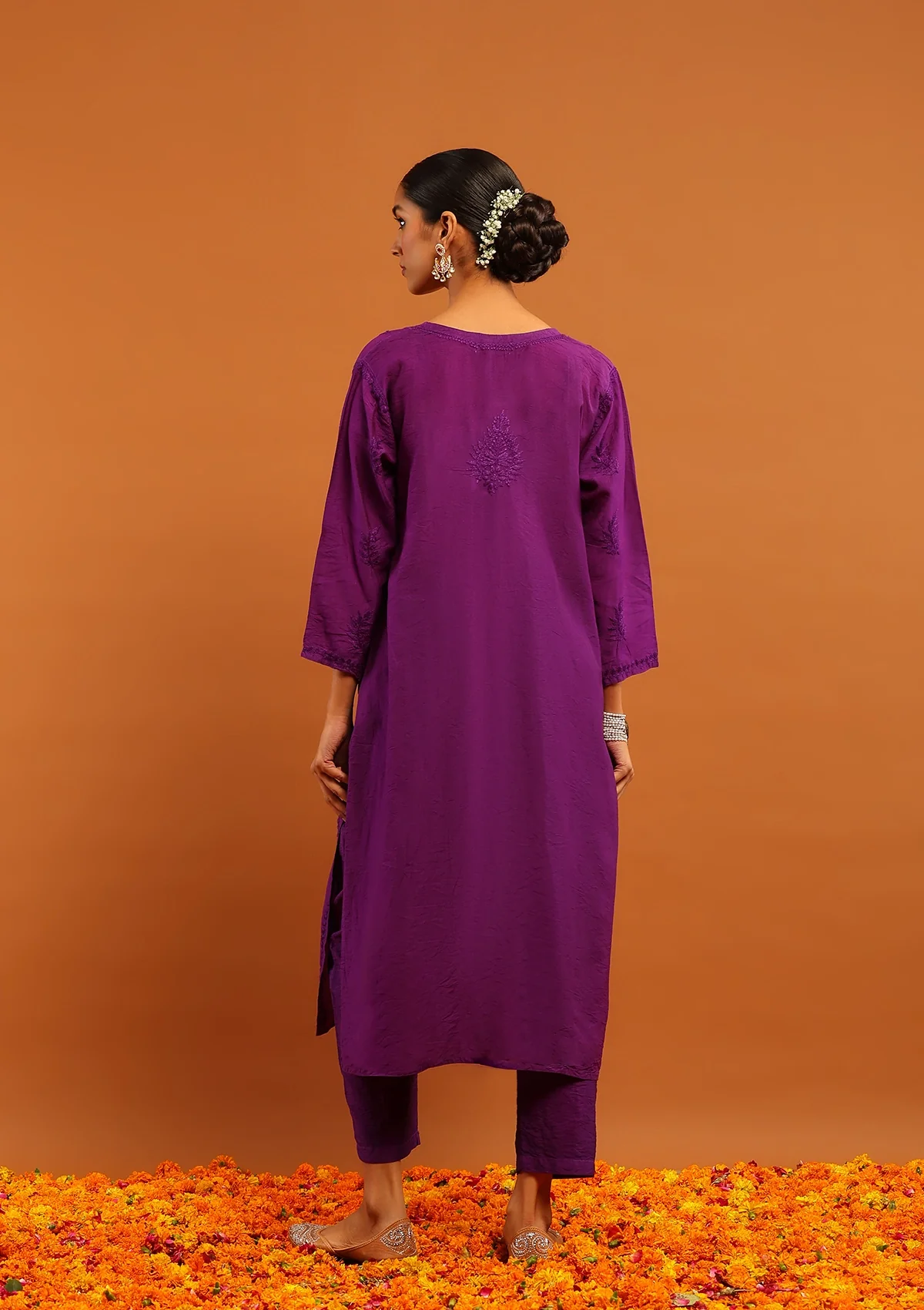 Karisma Chanderi Chikankari with Mukaish Solid Women's 2 PC Long Kurta Set- Purple - Healthber
