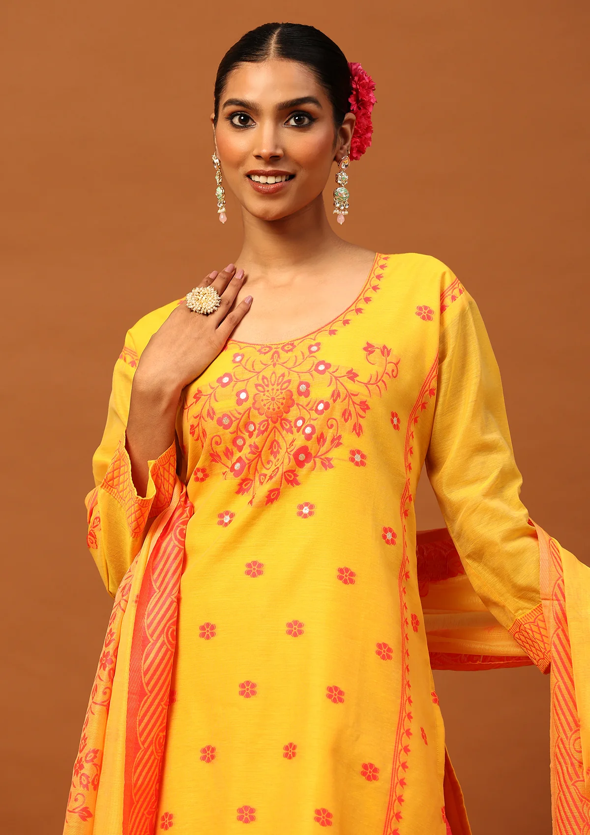 HOC Banarasi Chanderi Hand Weave Women's 3PC Long Kurta Set -Mustard - Healthber