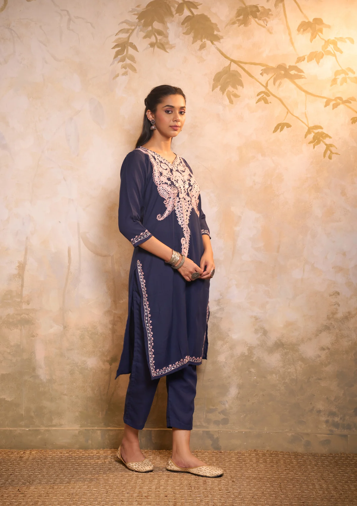 HOC Cotton Embroidered Aari With Zari Work Solid Women's 2 PC Long Kurta Set - Navy Blue - Healthber