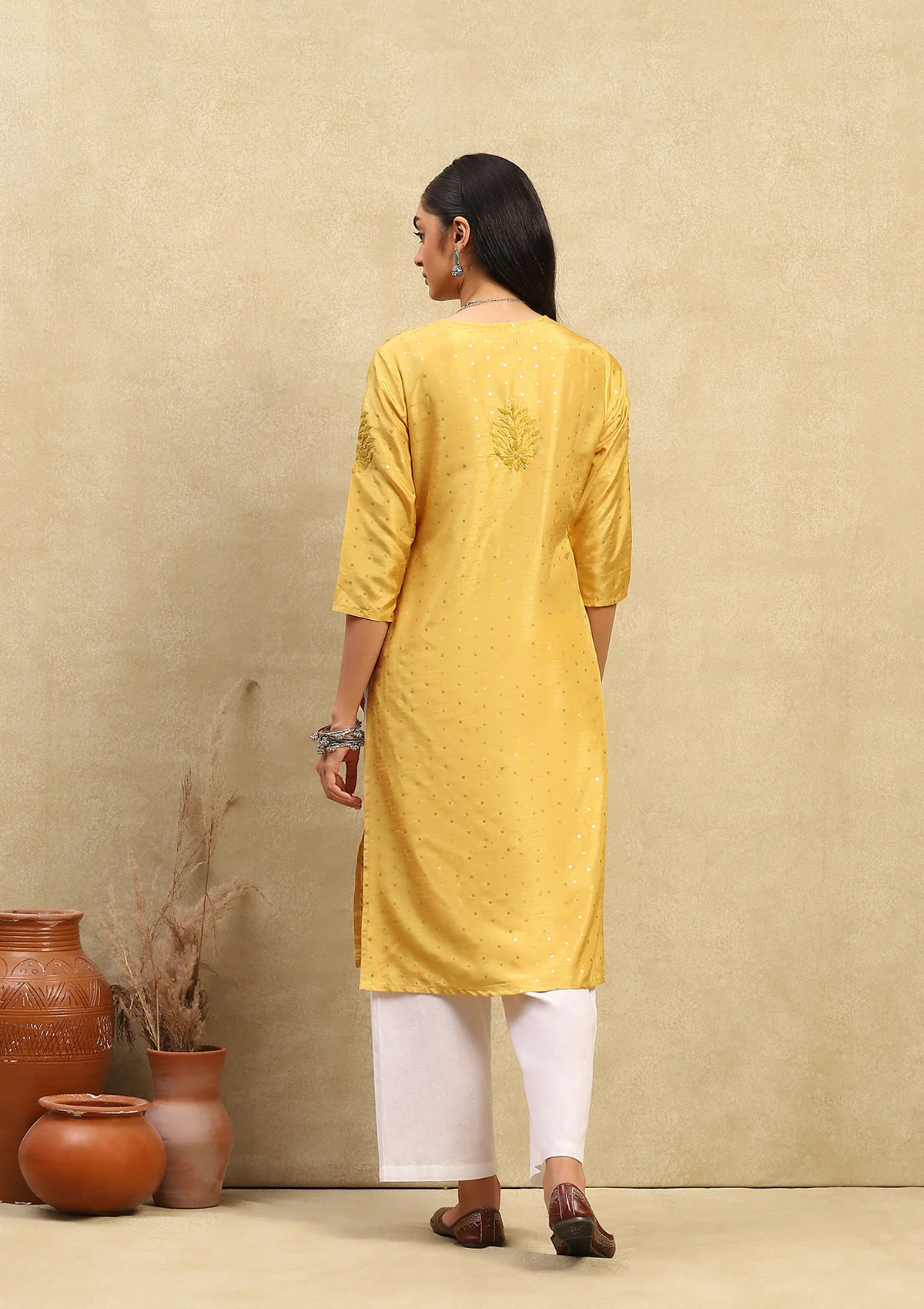 HOC Chanderi Chikankari Printed Women's Long Kurta - Yellow - Healthber