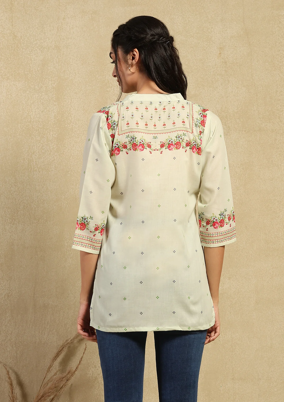 HOC Kantha Hand Embellished Cotton Blend Printed Women's Short Kurta - Pista Green - Healthber