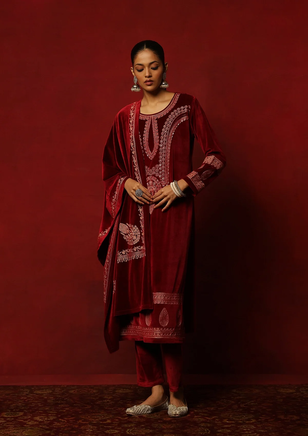 HOC Velvet Embroidered & Embellished Solid Women's 3 PC Kurta Set- Maroon - Healthber