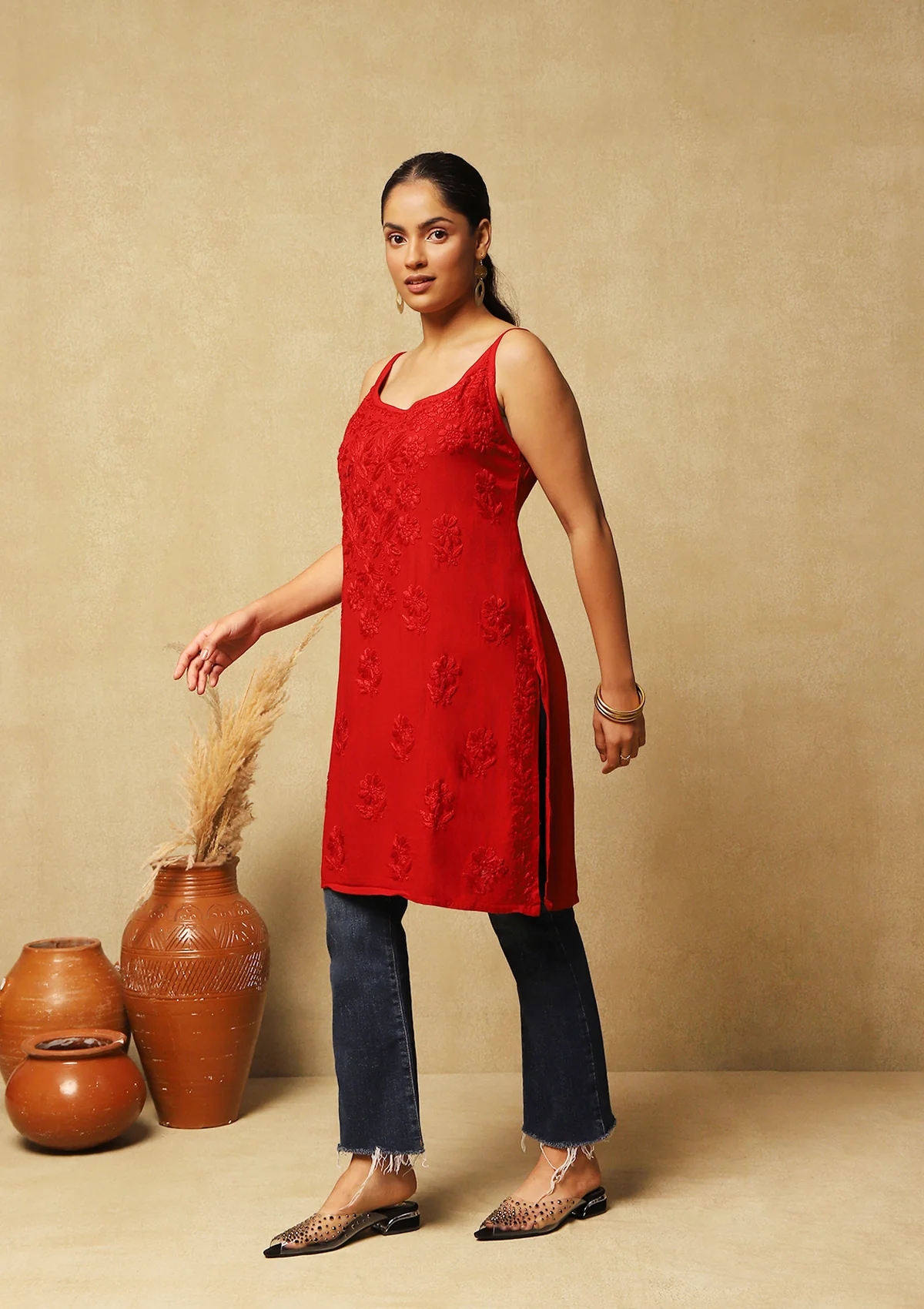 HOC Rayon Chikankari Solid Women's Short Kurta  C Red - Healthber