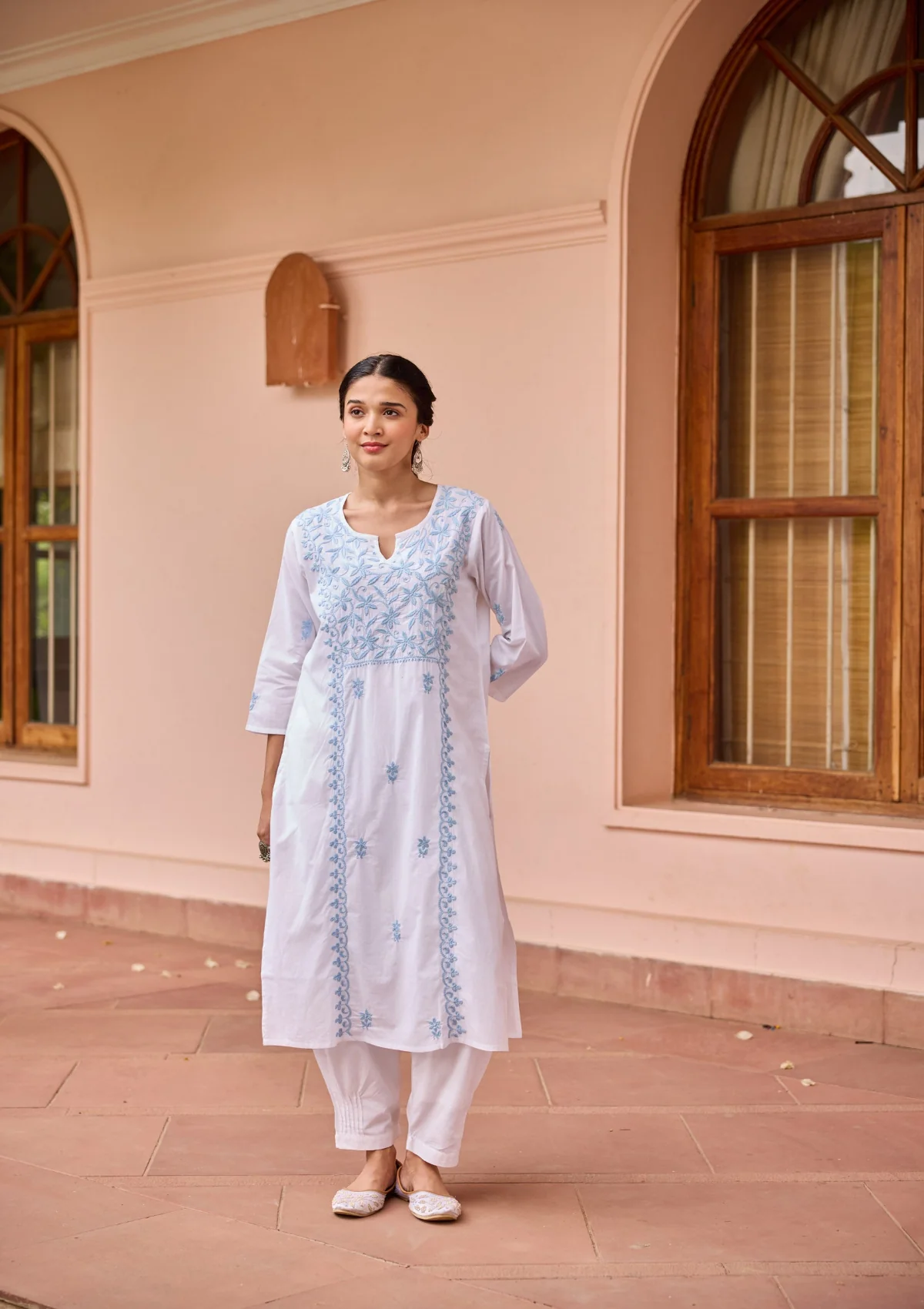 HOC Cotton Chikankari Solid Women's Long Kurta - White - Healthber