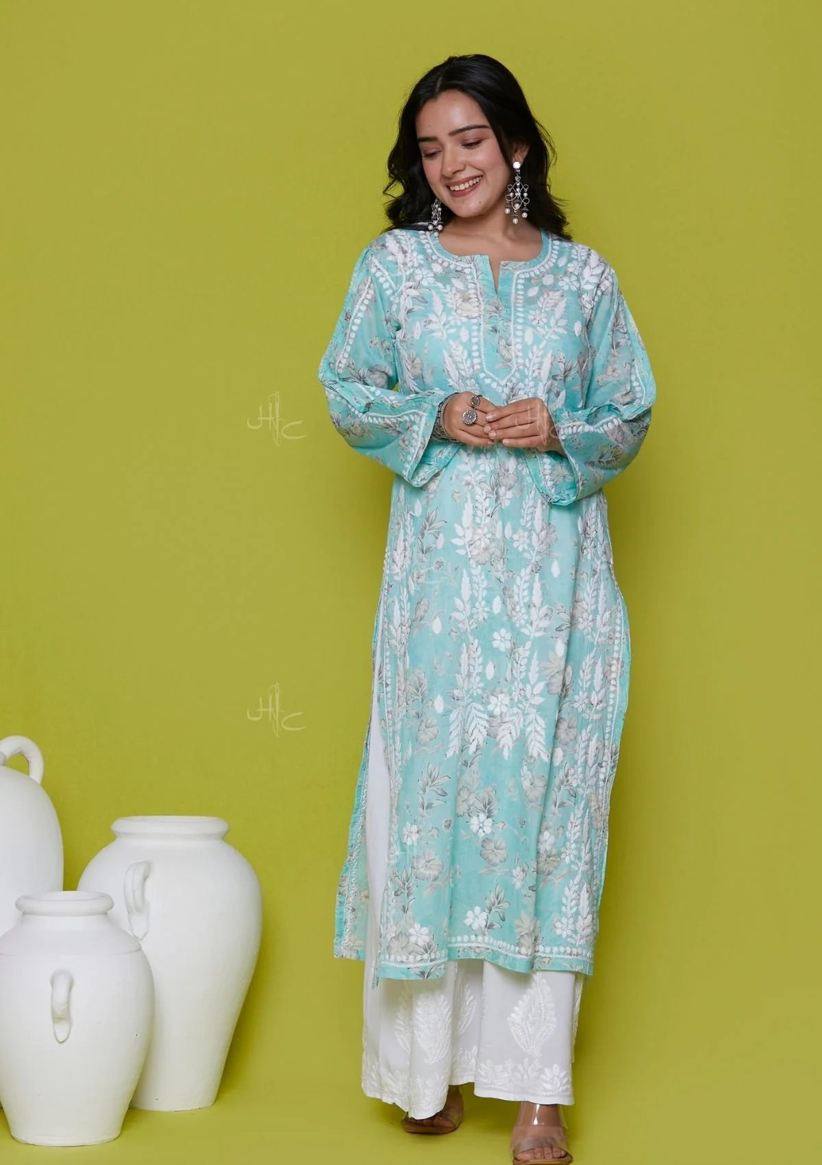 HOC Mulmul Chikankari Printed Women's Long Kurta - Blue - Healthber