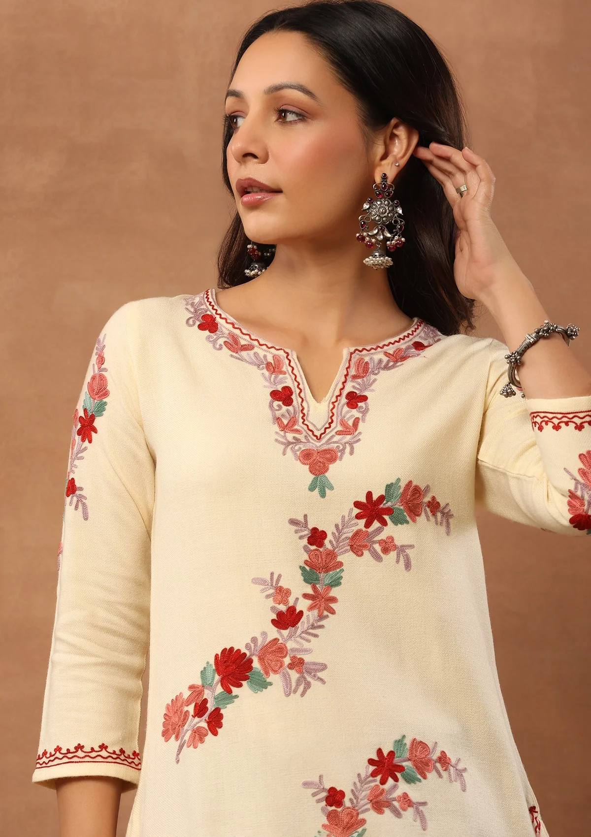 HOC Aari Embroidered Woollen Solid Women's Long Kurta - Cream - Healthber
