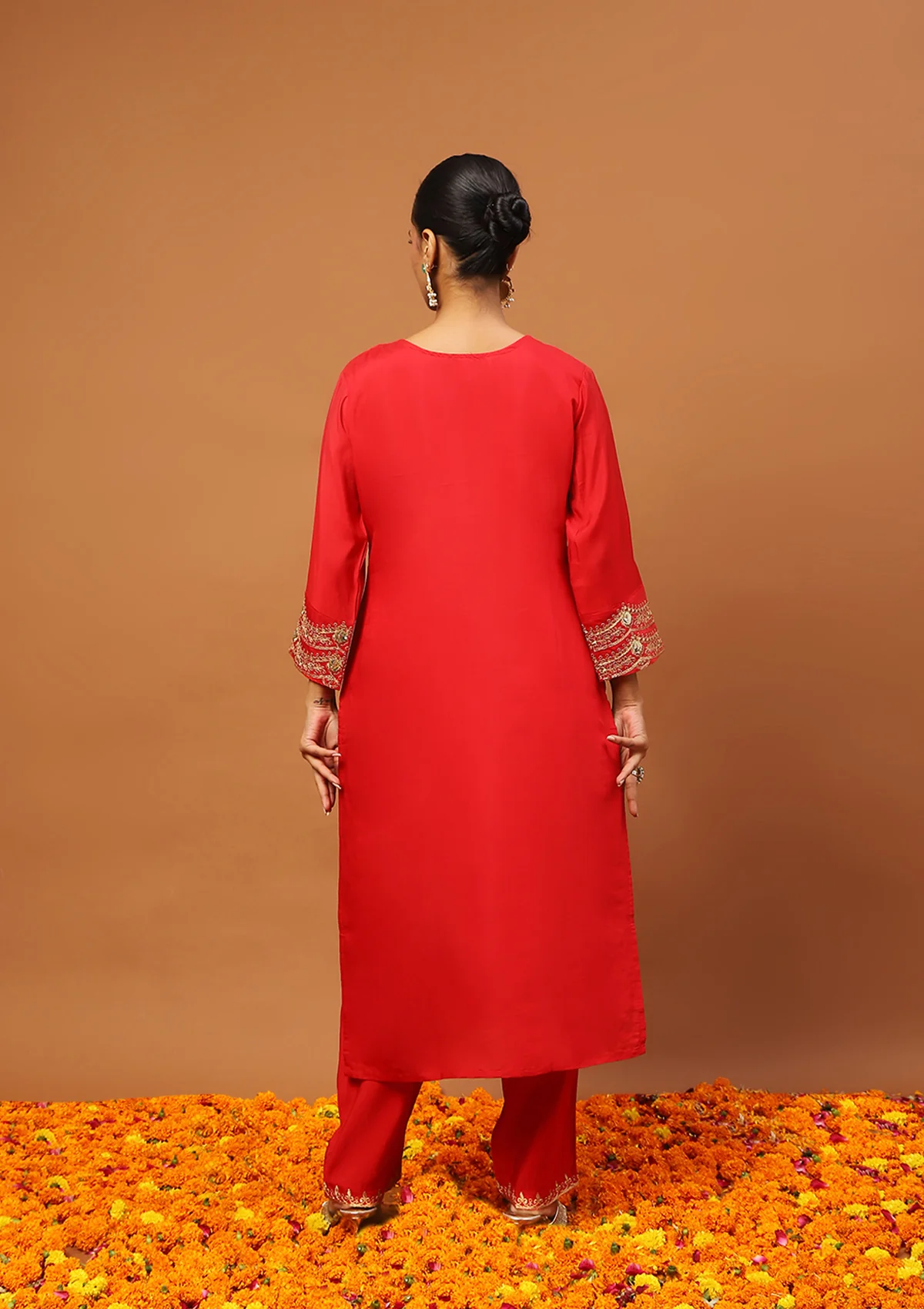 HOC Chanderi Blend Embroidered Zardozi Solid Women's 3 PC Long Kurta Set-Red - Healthber