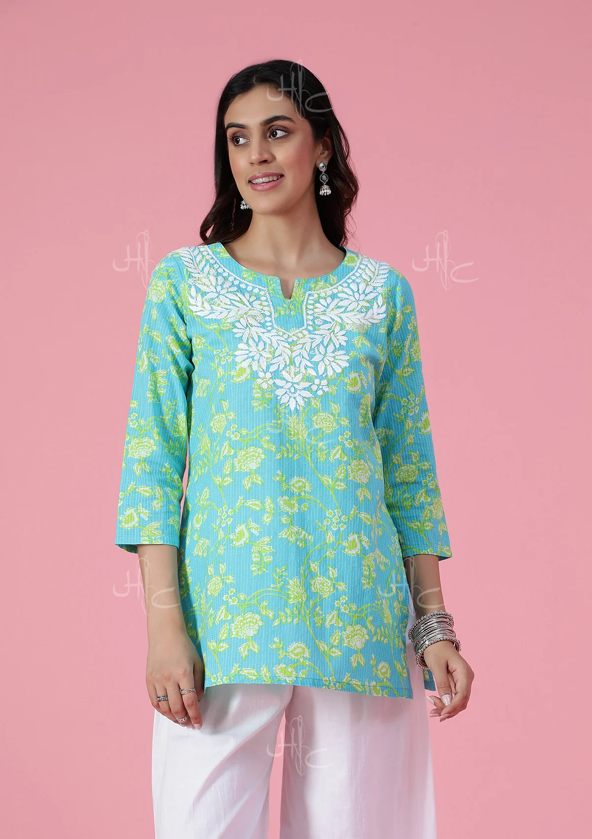 HOC Kantha Cotton Chikankari Printed Women's Short Kurta - Blue - Healthber