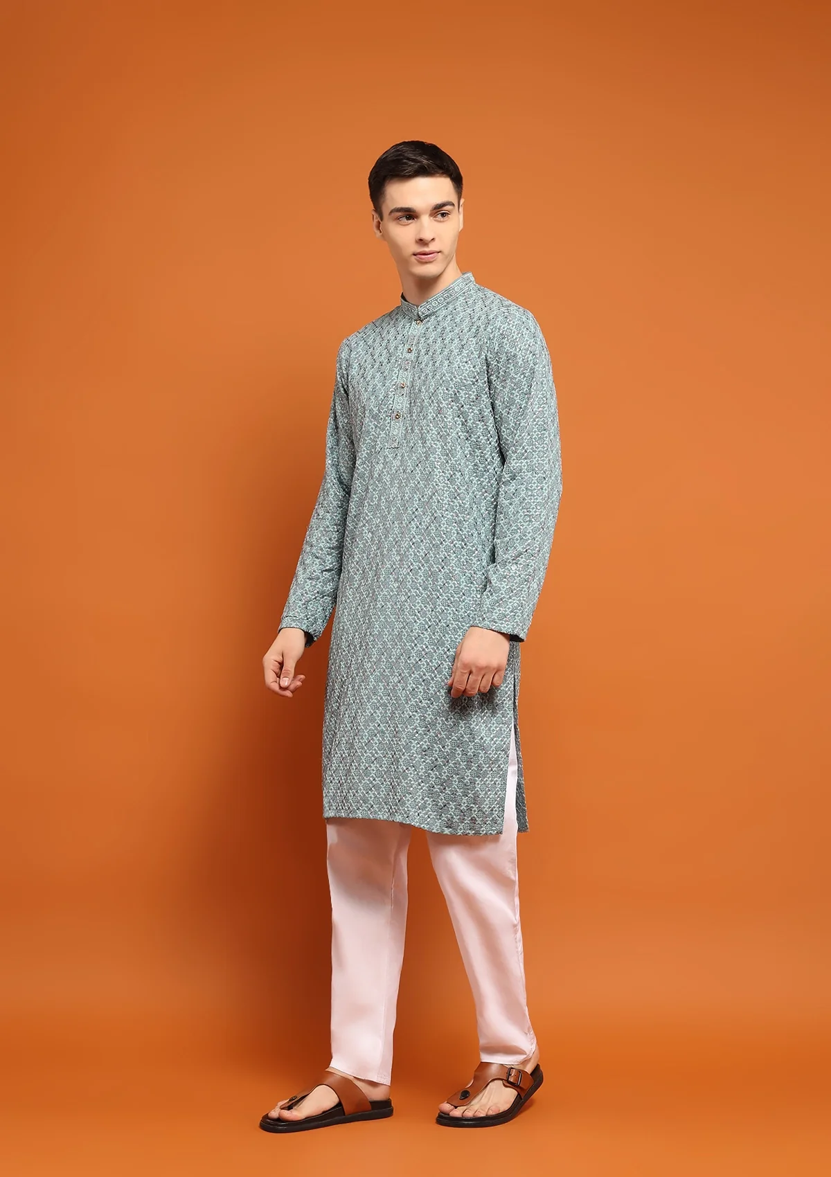 HOC Rayon Embroidered With Sequins Solid Men's Long Kurta- Seafoam Green - Healthber