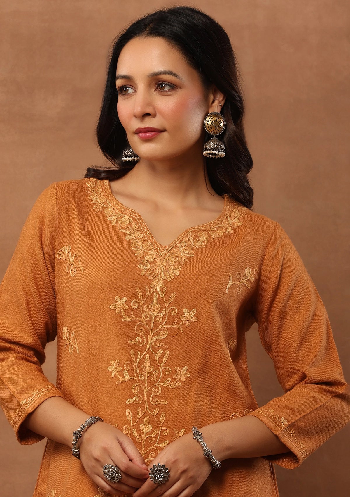 HOC Aari Embroidered Woollen Solid Women's Short Kurta - Rust - Healthber